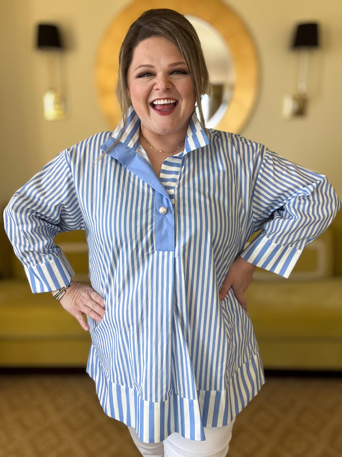 Mother of Pearl Curvy Blue Striped Blouse