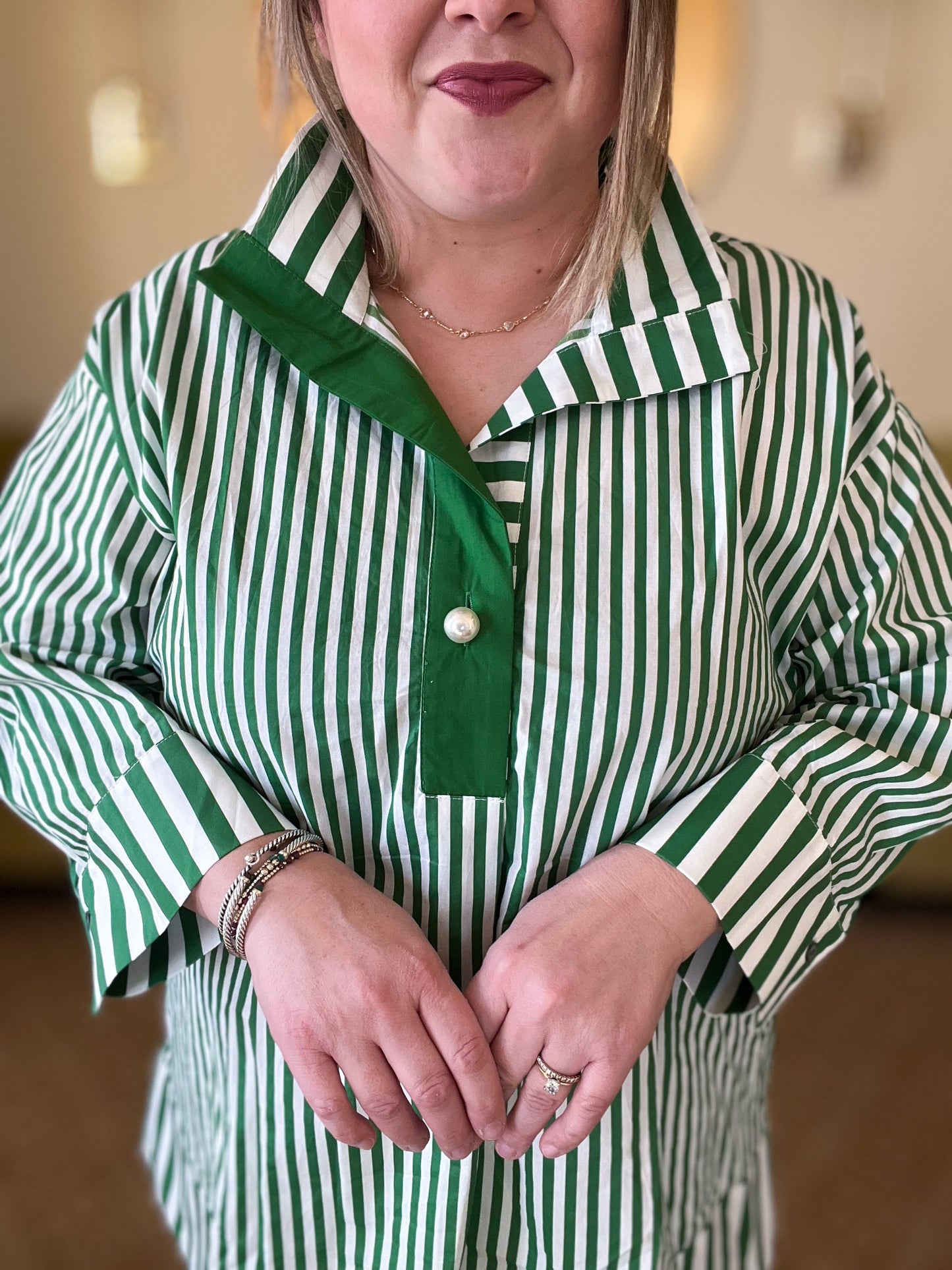 Mother of Pearl Curvy Green Striped Blouse