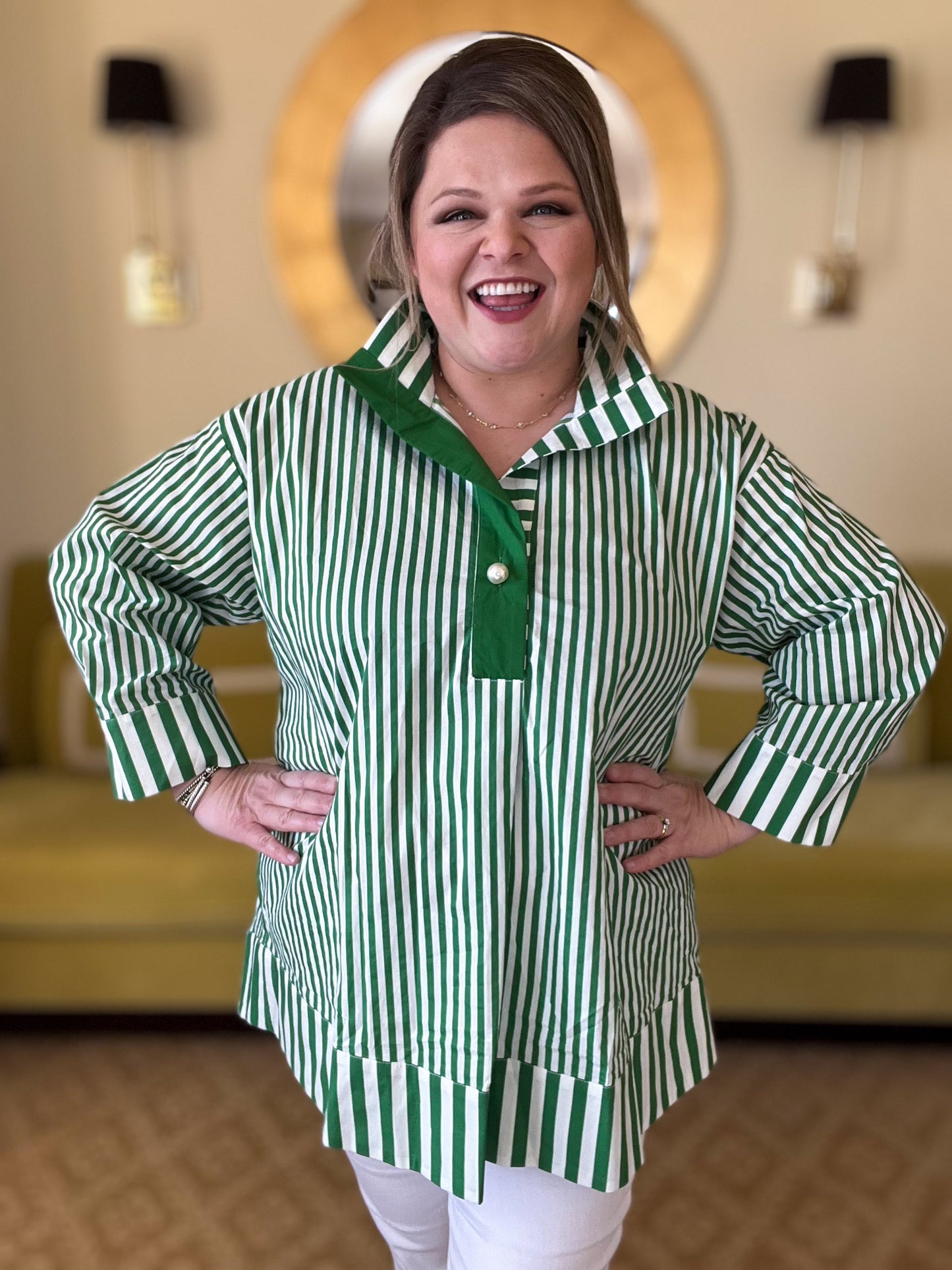 Mother of Pearl Curvy Green Striped Blouse