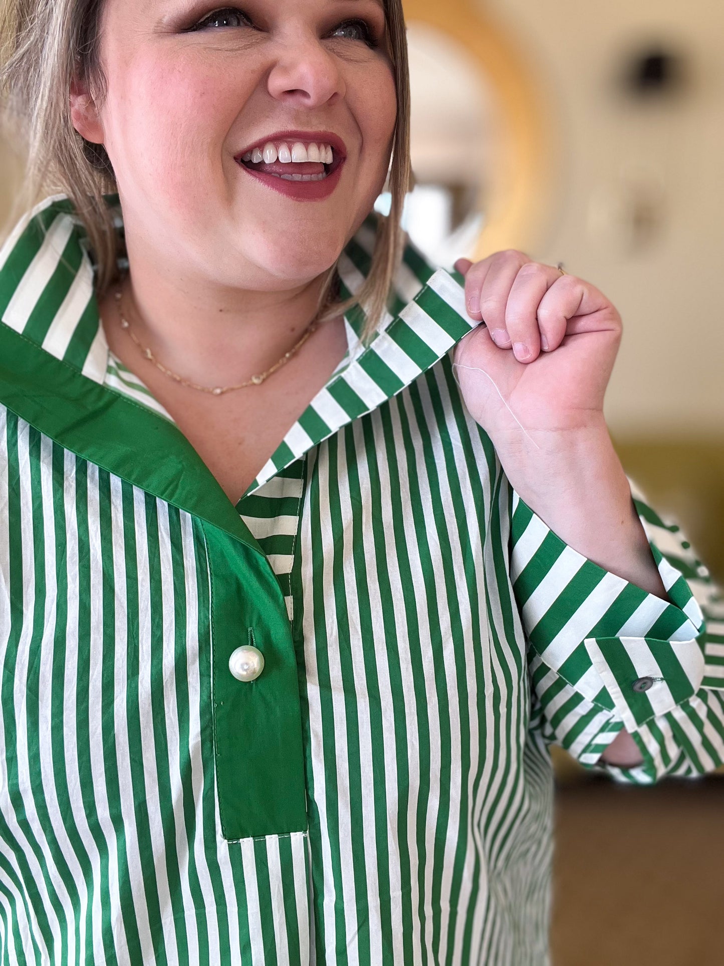 Mother of Pearl Curvy Green Striped Blouse