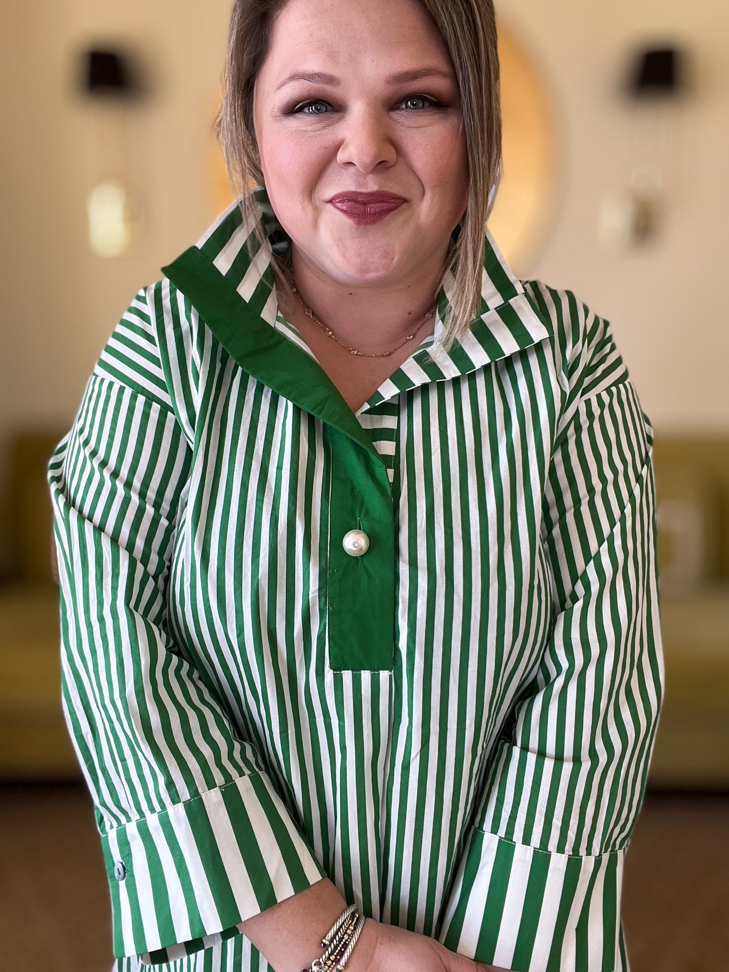 Mother of Pearl Curvy Green Striped Blouse