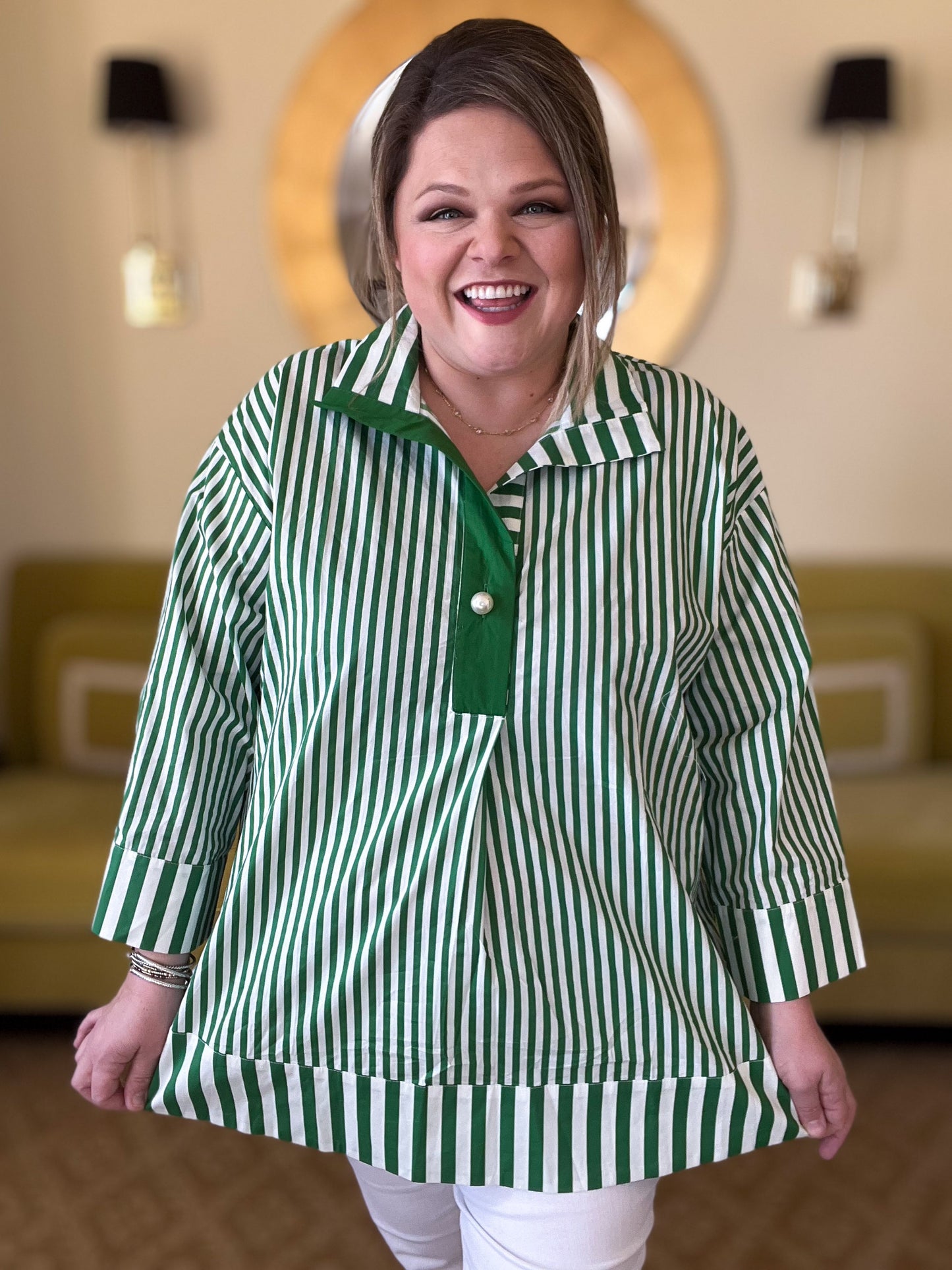 Mother of Pearl Curvy Green Striped Blouse