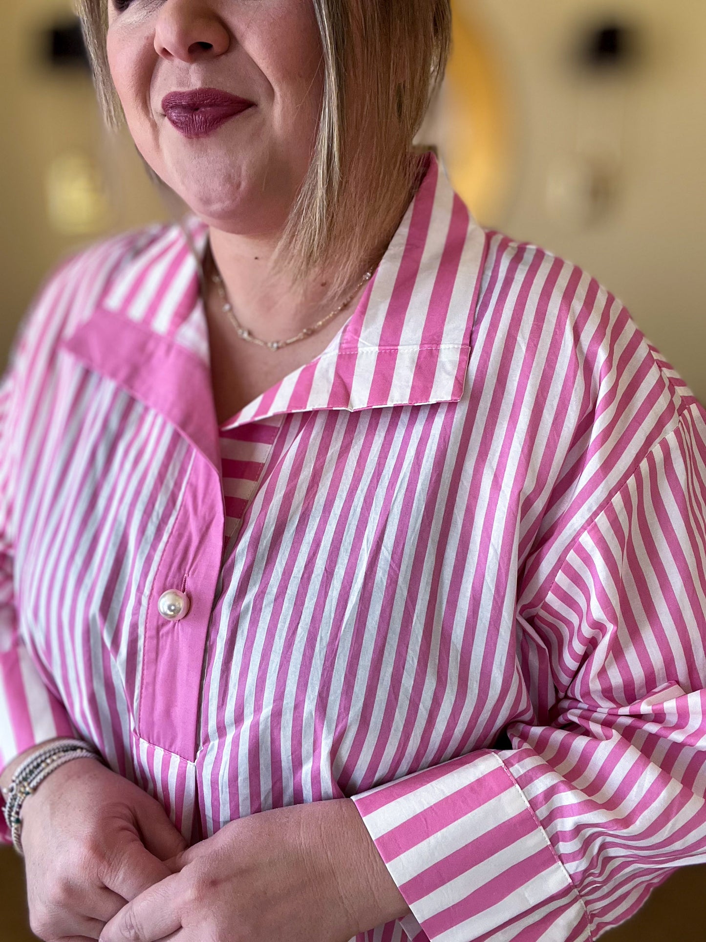 Mother of Pearl Curvy Pink Striped Blouse