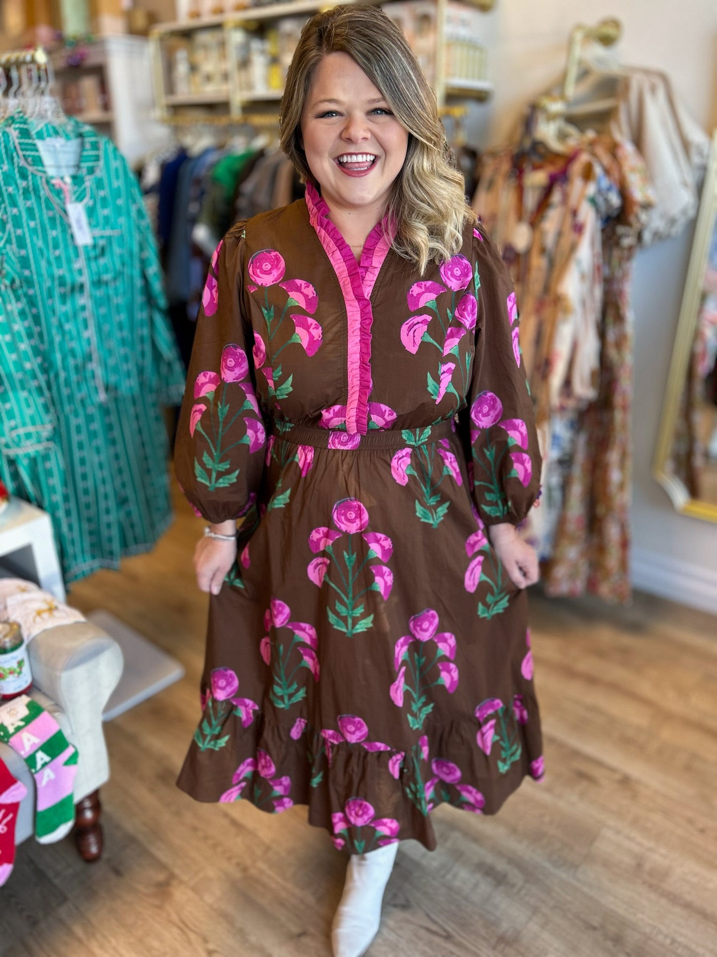 Mulberry Magic Curvy Brown Ruffle Midi Dress