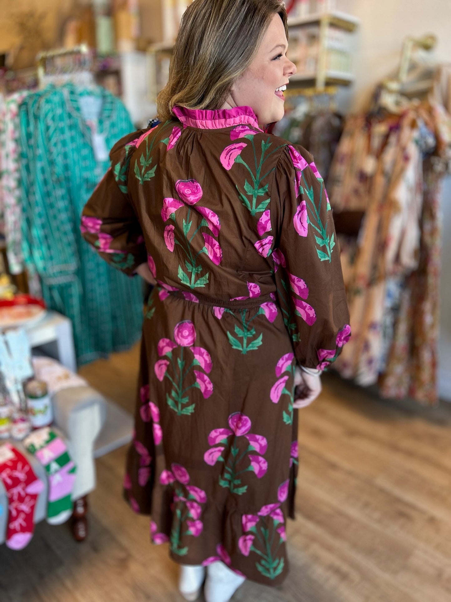 Mulberry Magic Curvy Brown Ruffle Midi Dress