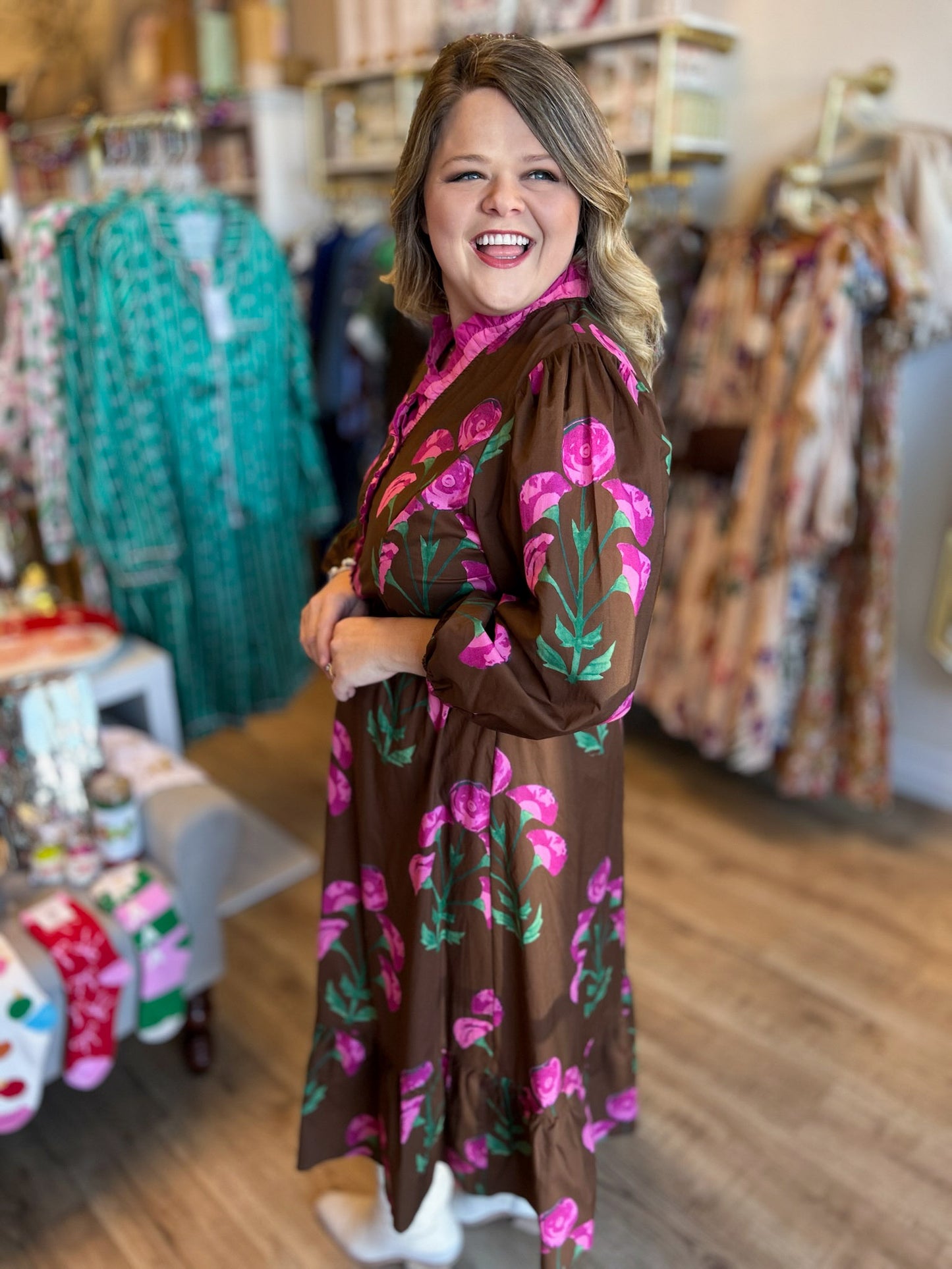 Mulberry Magic Curvy Brown Ruffle Midi Dress