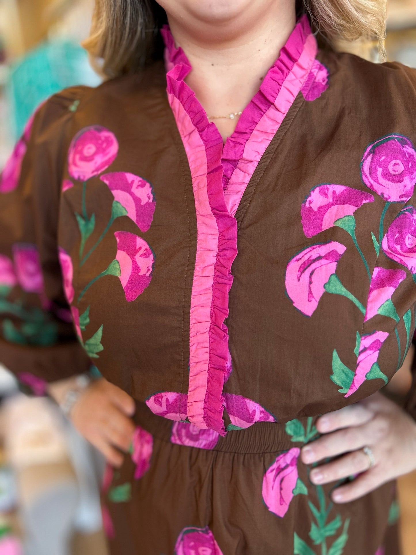 Mulberry Magic Curvy Brown Ruffle Midi Dress