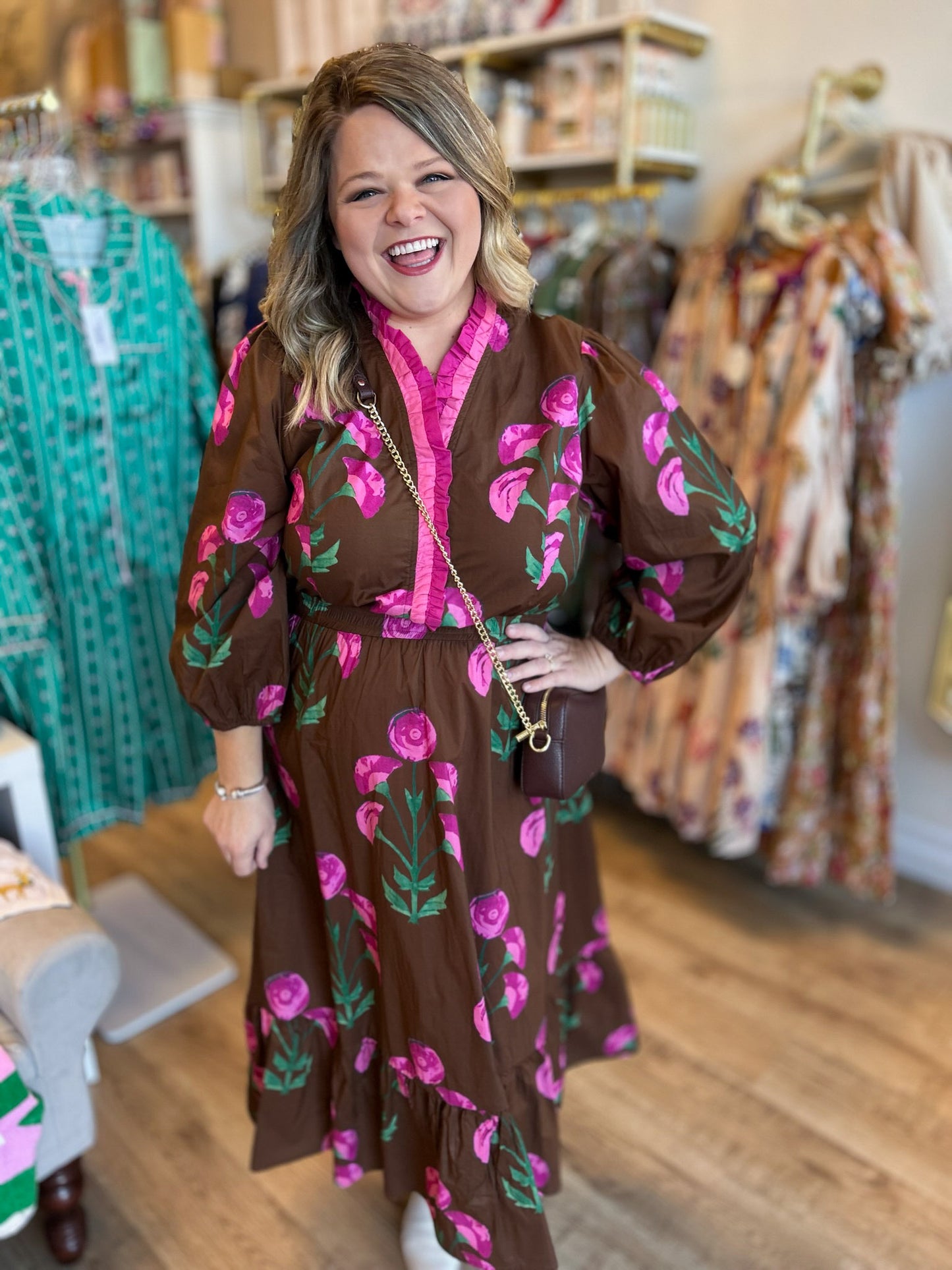 Mulberry Magic Curvy Brown Ruffle Midi Dress