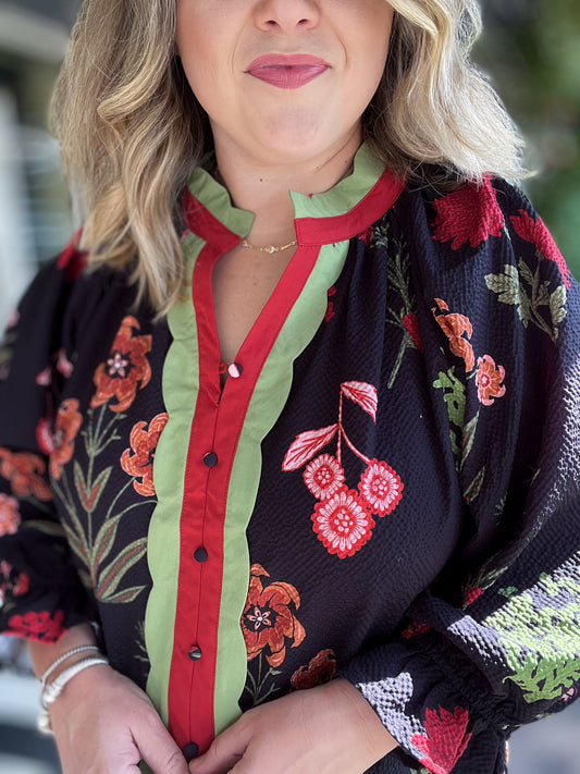 Hermosa Flor Curvy Black Floral Textured Top