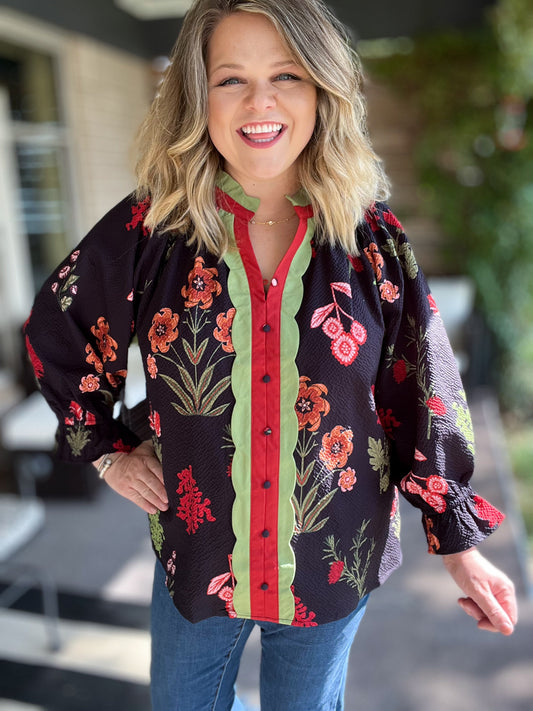 Hermosa Flor Curvy Black Floral Textured Top