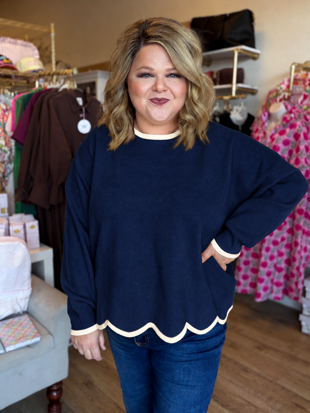 Midnight in Milan Curvy Navy Scalloped Sweater