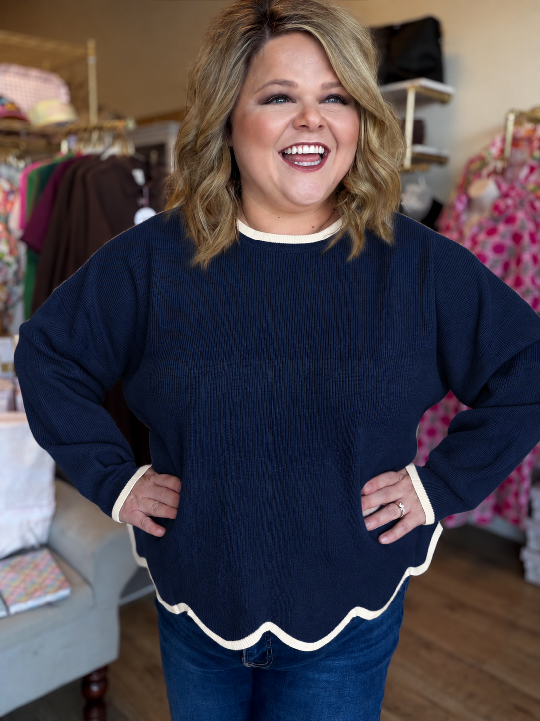 Midnight in Milan Curvy Navy Scalloped Sweater