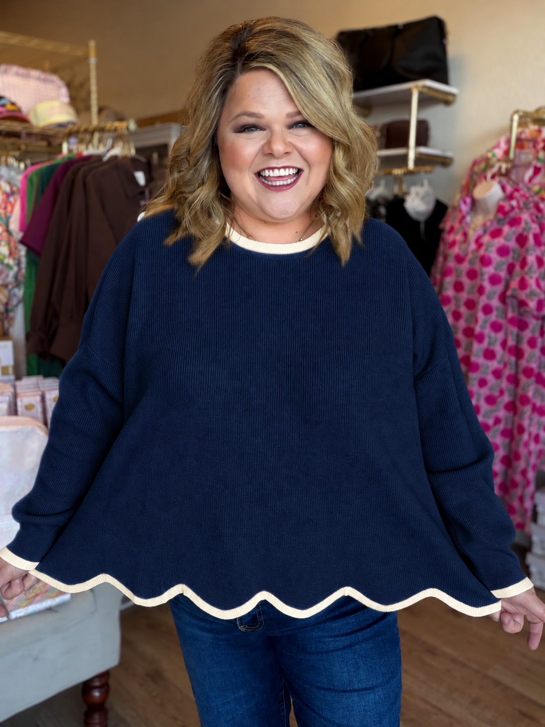 Midnight in Milan Curvy Navy Scalloped Sweater