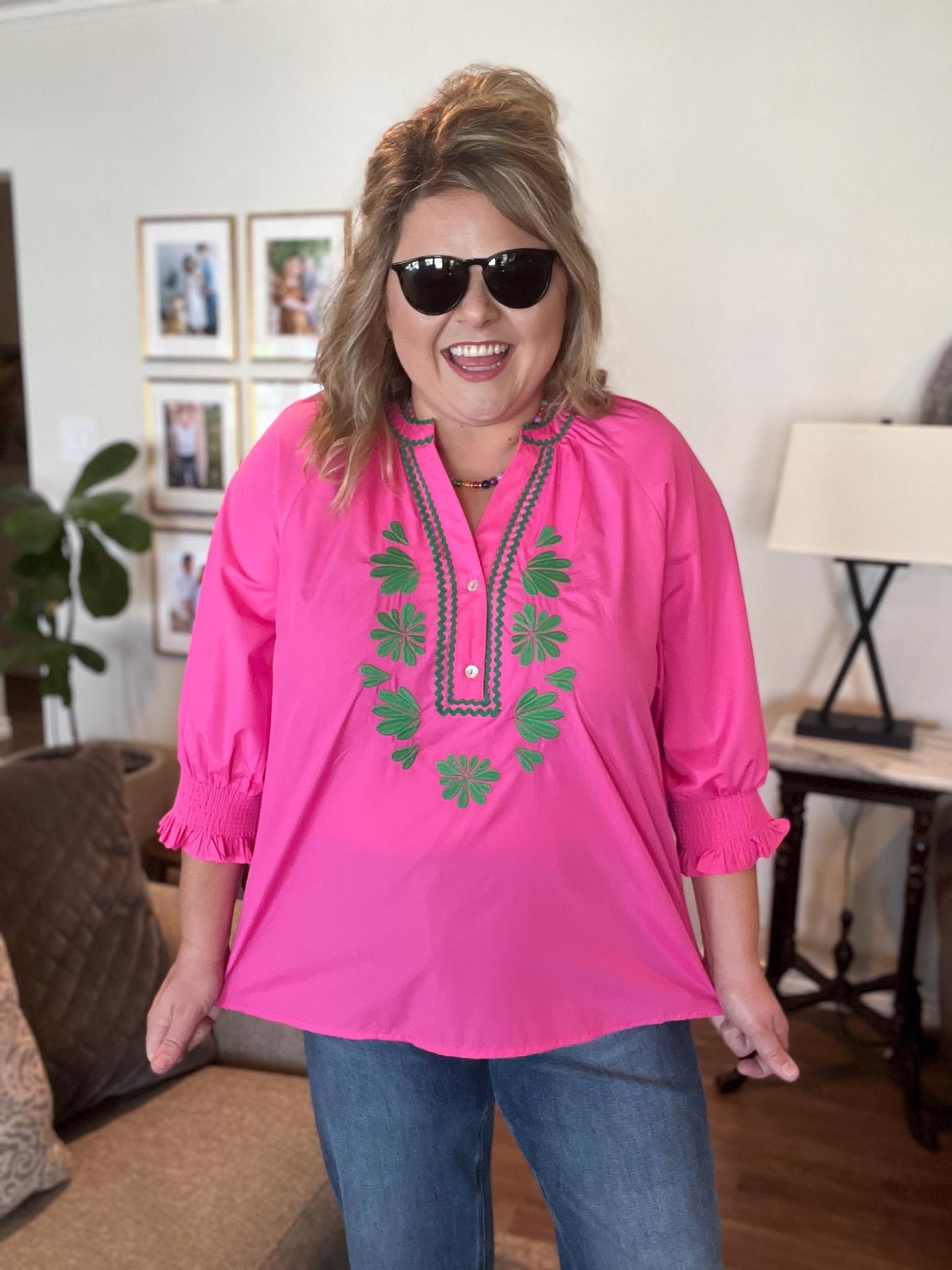 Neon Daydream Curvy Pink & Green Embroidered Top