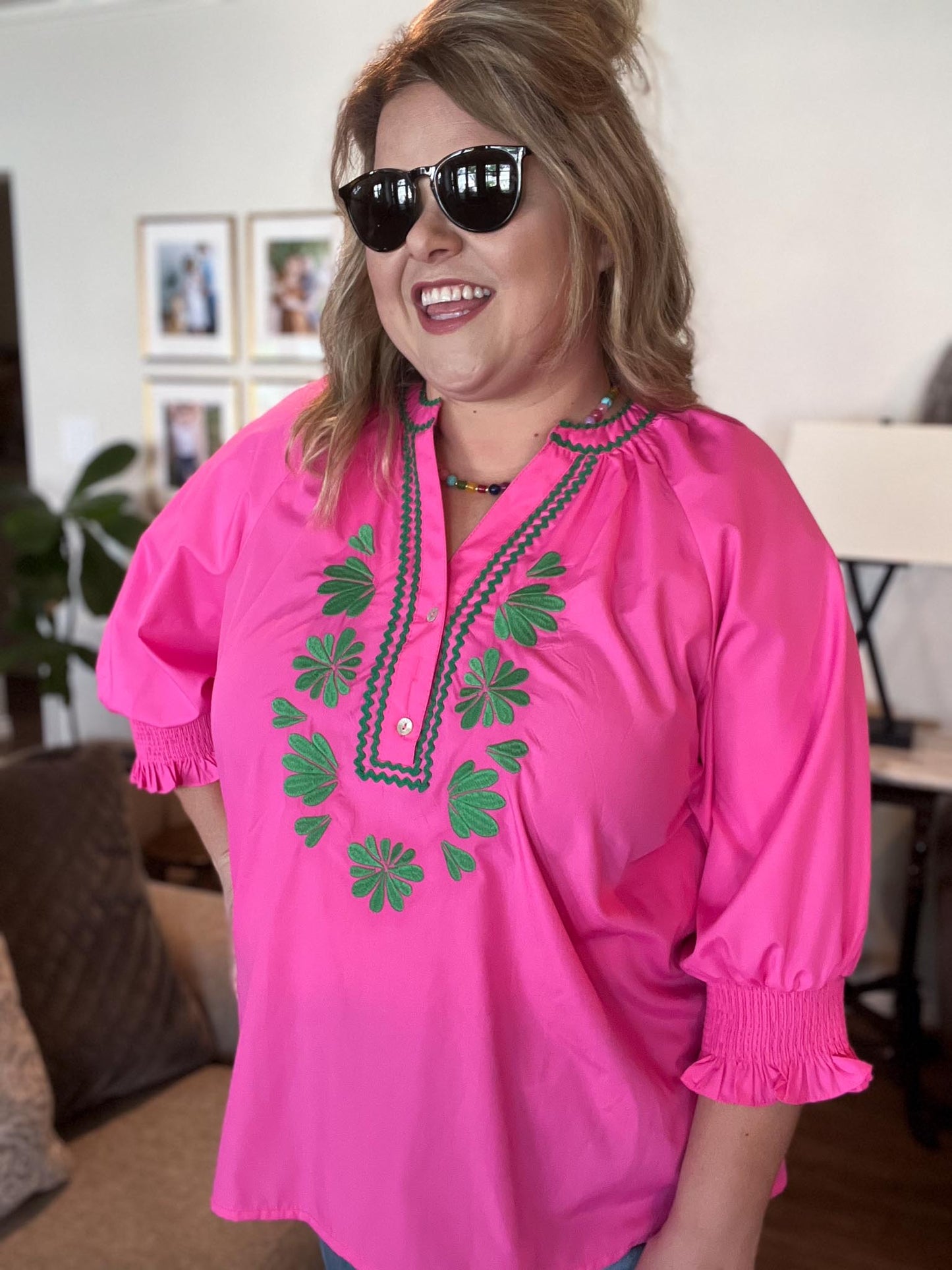 Neon Daydream Curvy Pink & Green Embroidered Top
