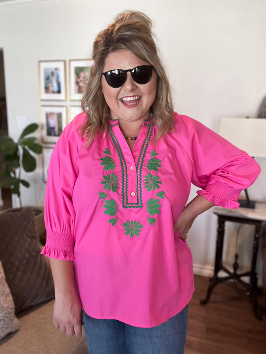 Neon Daydream Curvy Pink & Green Embroidered Top