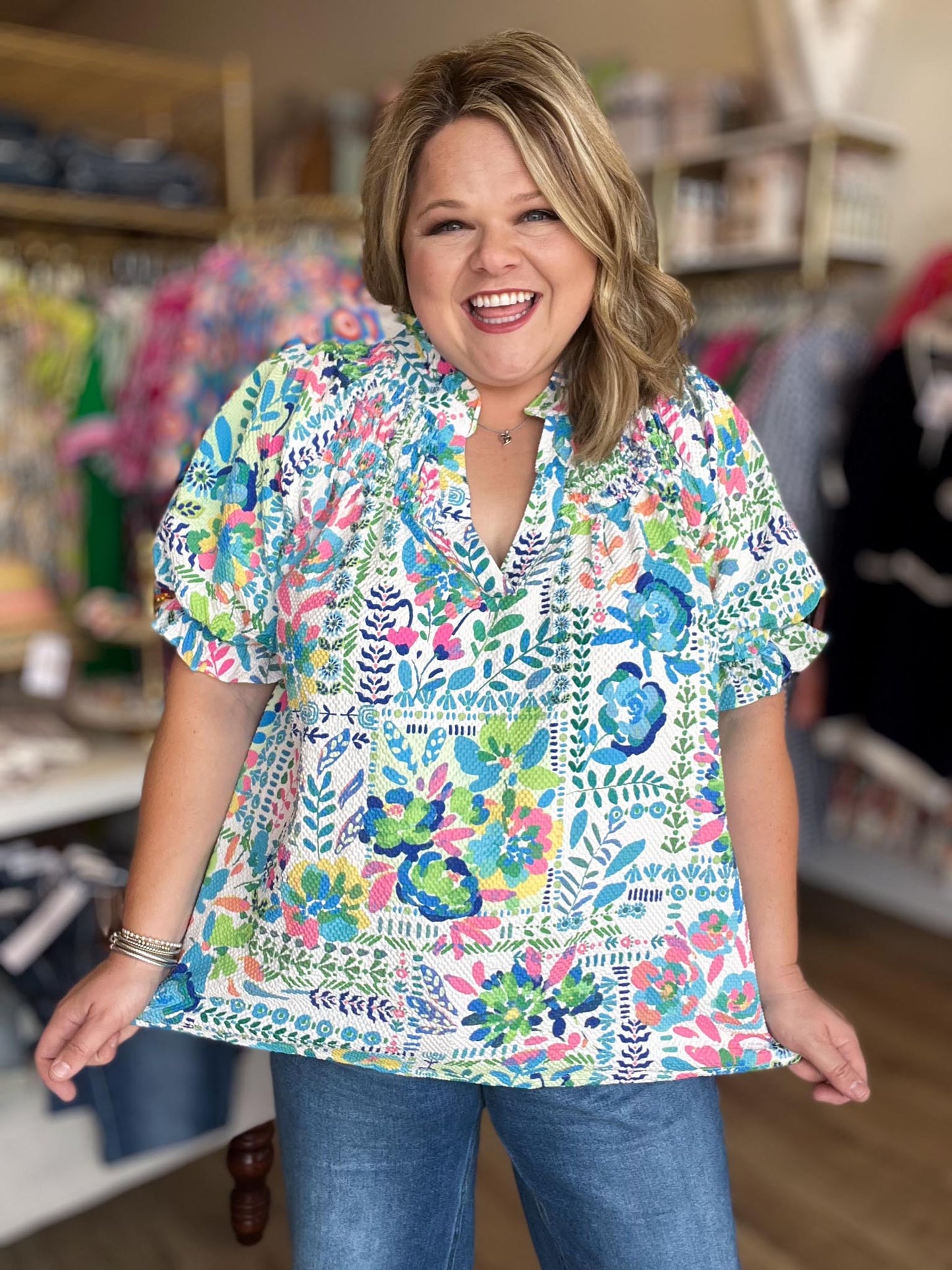 Ocean Air & Bright Flair Curvy Multicolor Texture Top