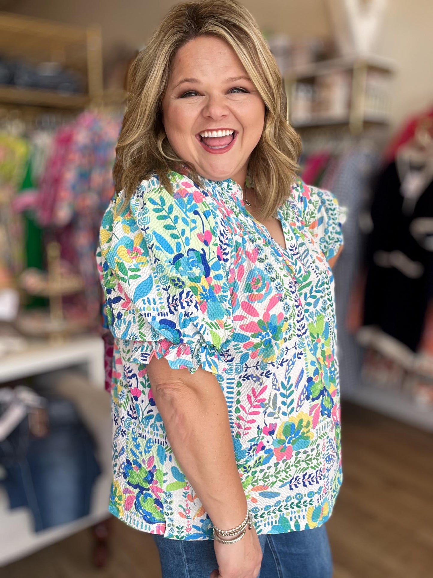 Ocean Air & Bright Flair Curvy Multicolor Texture Top