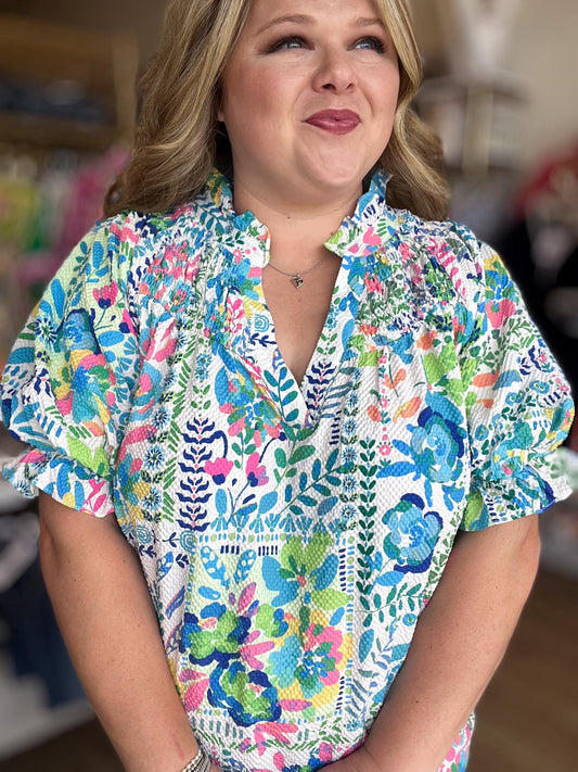 Ocean Air & Bright Flair Curvy Multicolor Texture Top