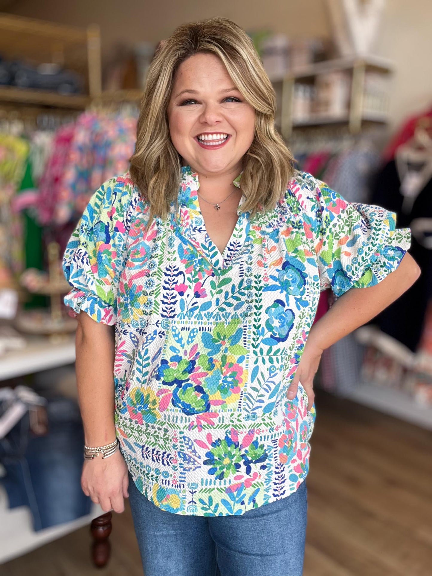 Ocean Air & Bright Flair Curvy Multicolor Texture Top