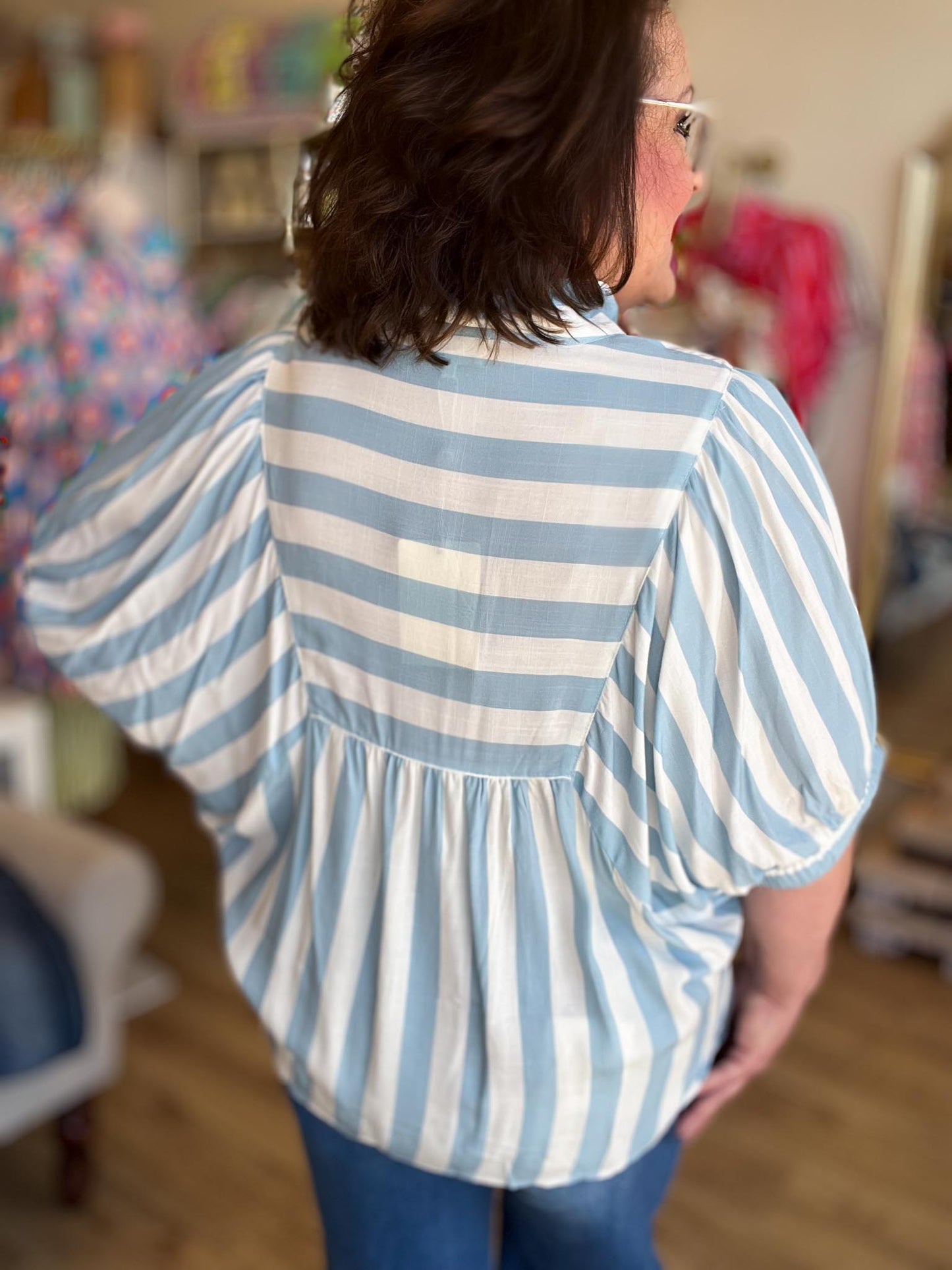 Ocean Mist Curvy Blue Stripe Dolman Top