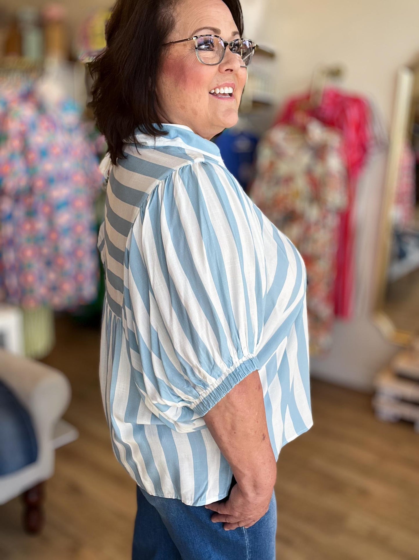 Ocean Mist Curvy Blue Stripe Dolman Top