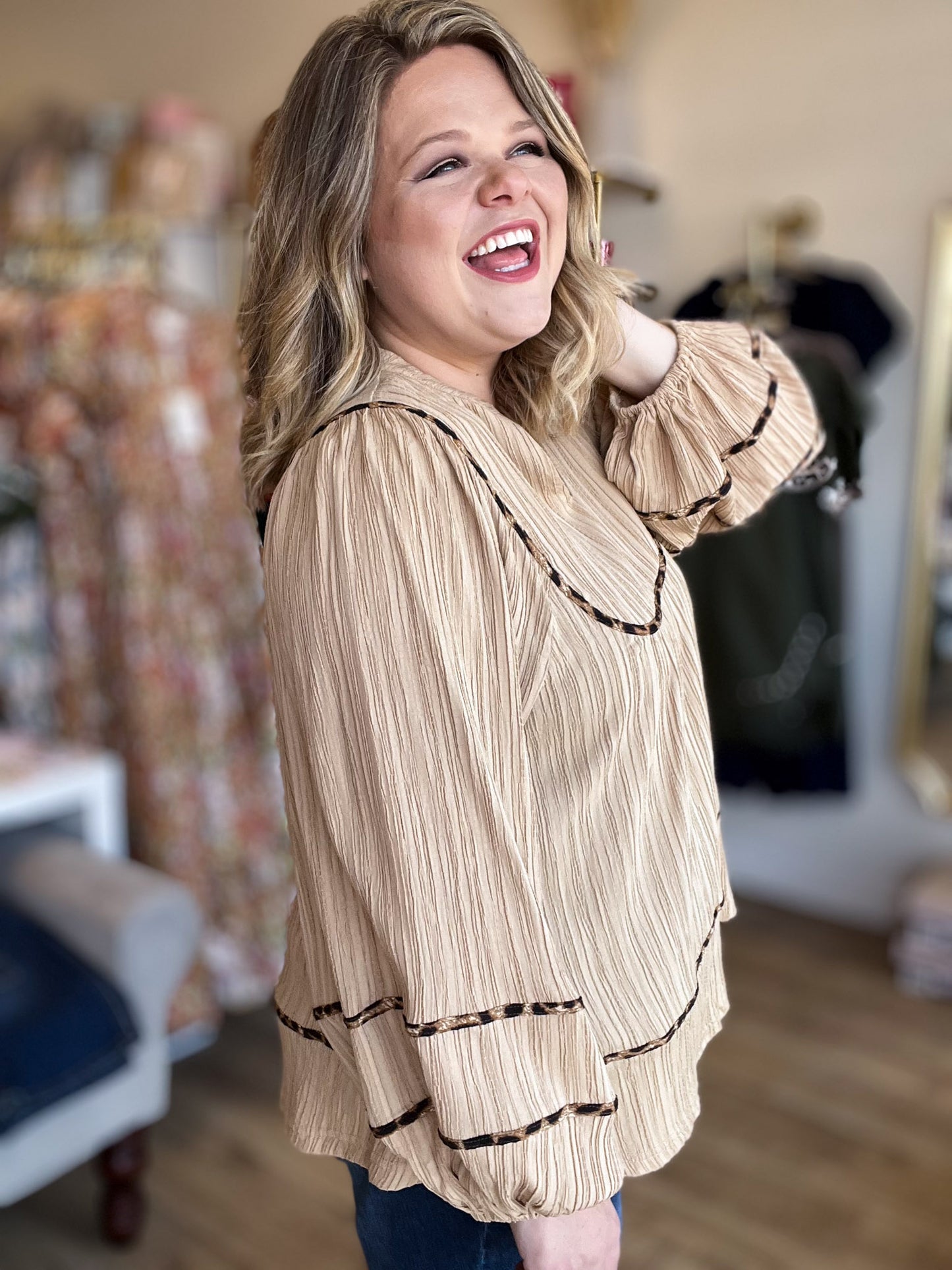 Oh My Gourd Curvy Textured Leopard Trim Blouse
