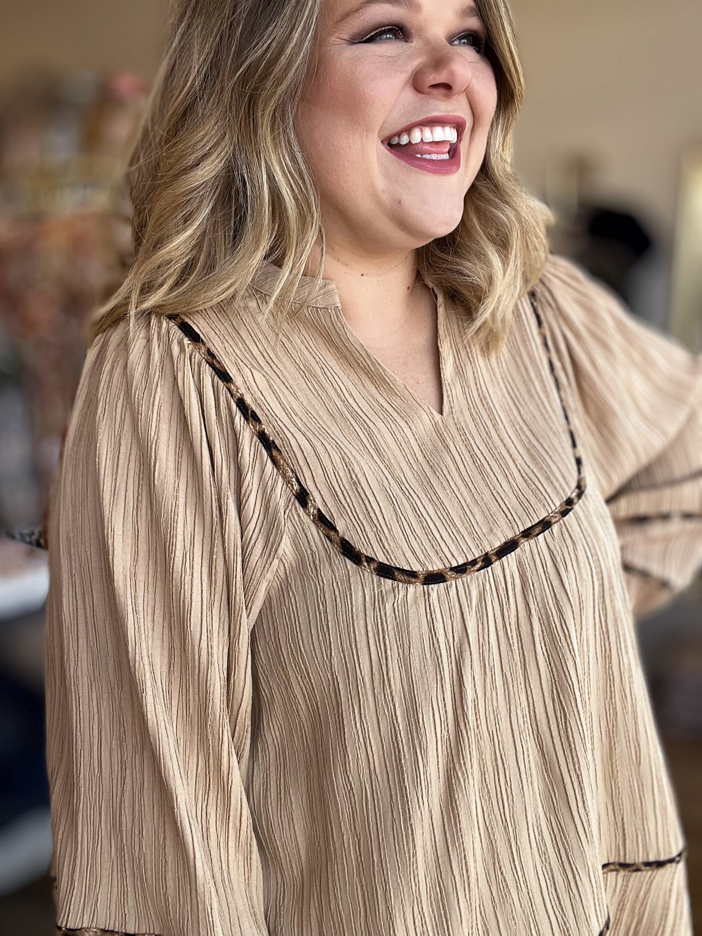 Oh My Gourd Curvy Textured Leopard Trim Blouse