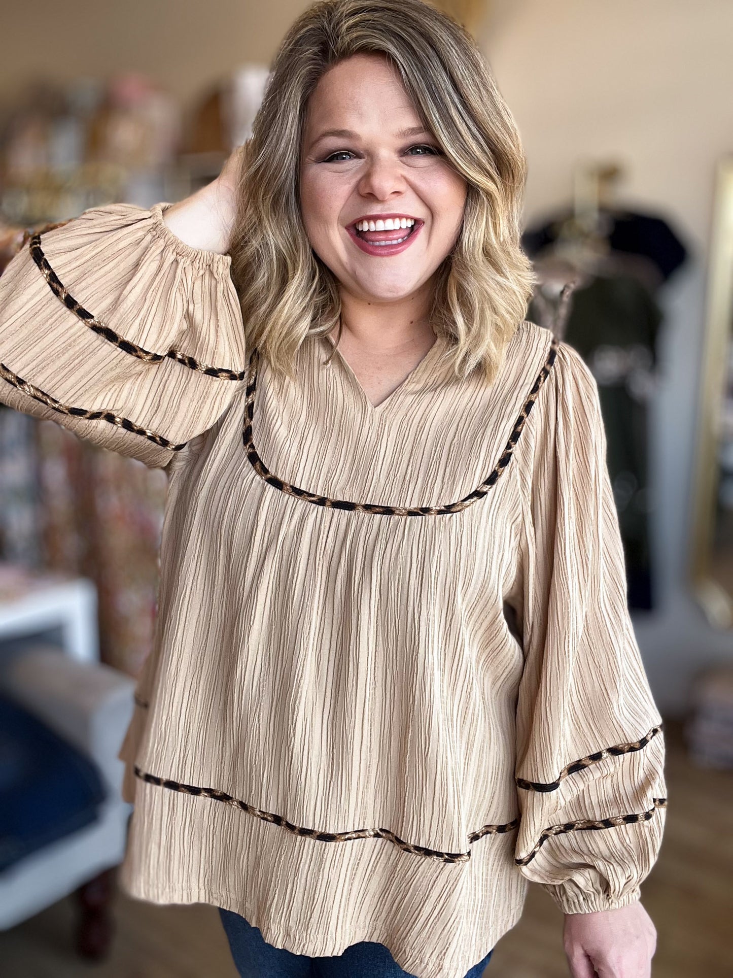 Oh My Gourd Curvy Textured Leopard Trim Blouse