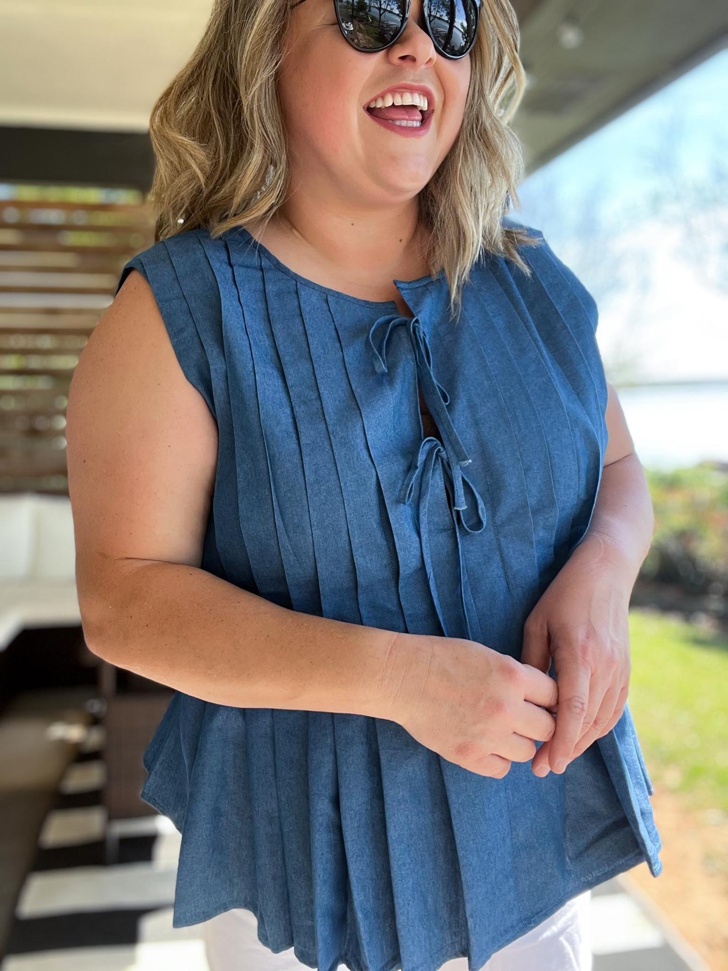 Old Glory Curvy Washed Denim Tie Front Top