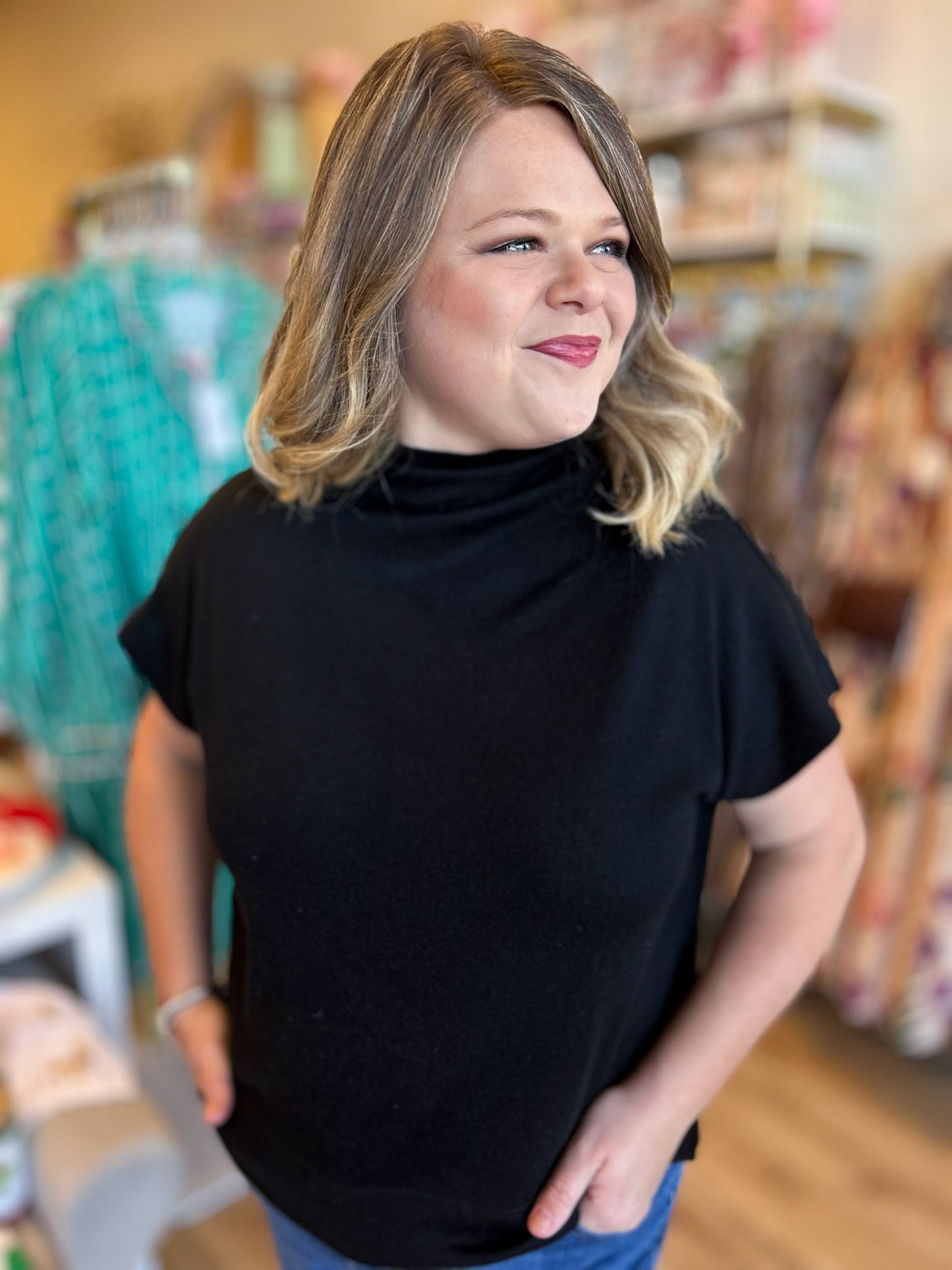 Old Money Vibes Curvy Black Mock Neck Knit Top