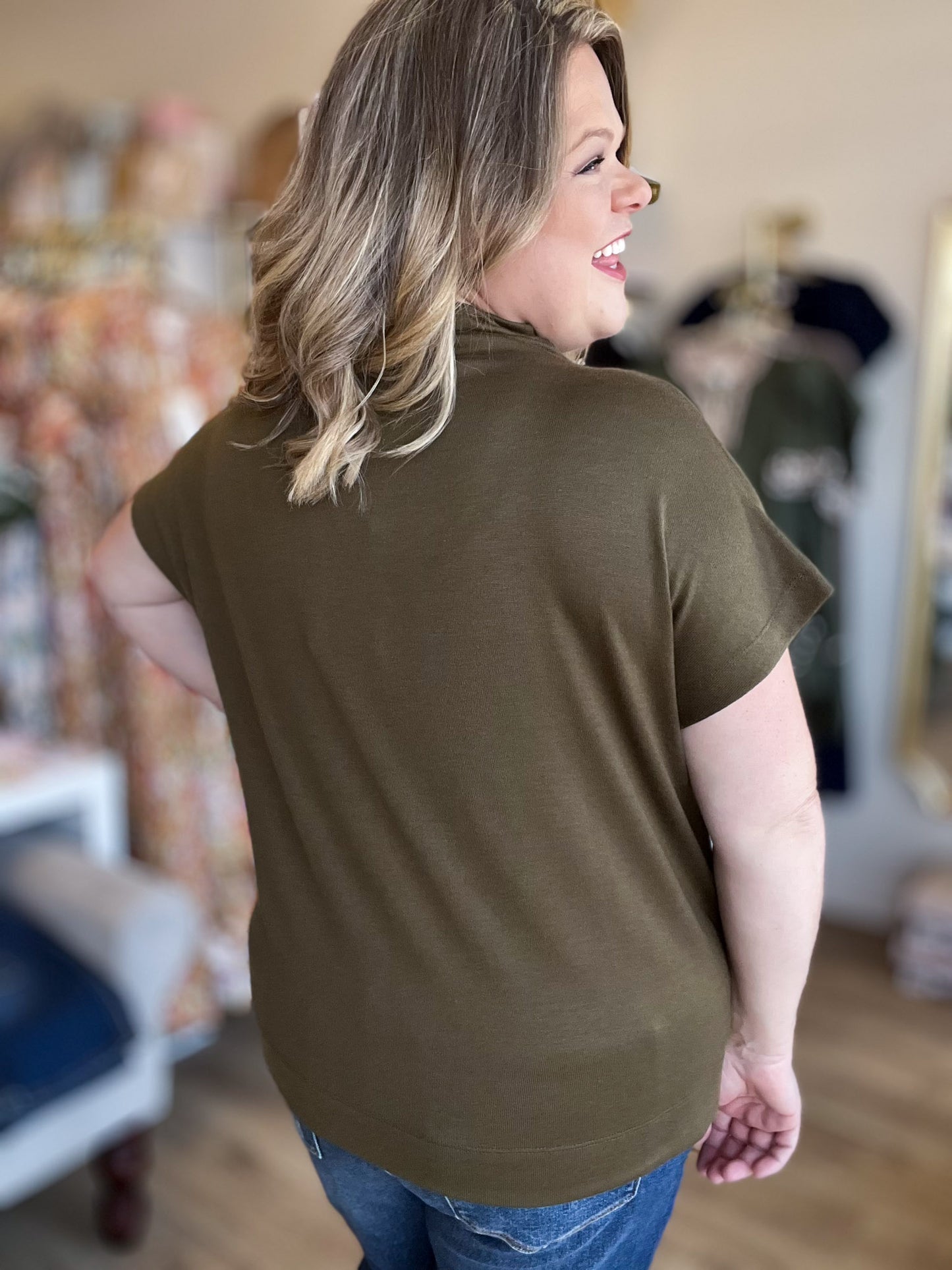RESTOCKED! Old Money Vibes Curvy Olive Mock Neck Knit Top