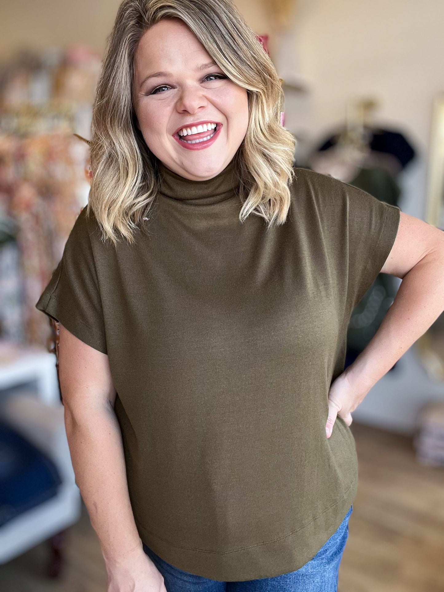 RESTOCKED! Old Money Vibes Curvy Olive Mock Neck Knit Top