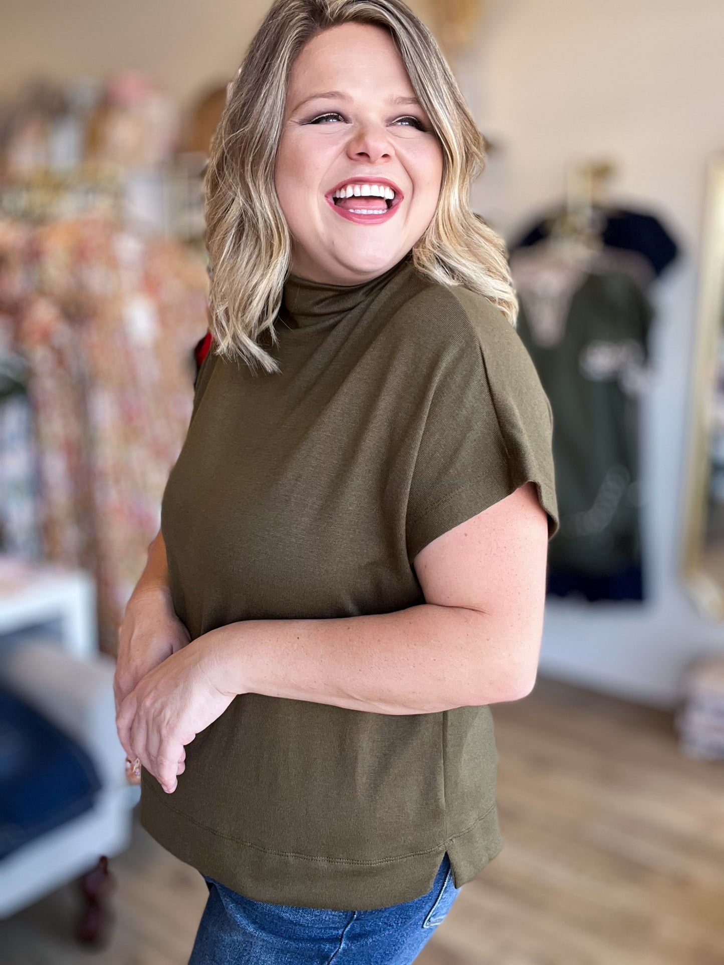 RESTOCKED! Old Money Vibes Curvy Olive Mock Neck Knit Top