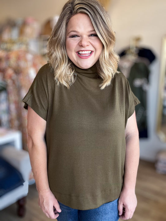 Old Money Vibes Curvy Olive Mock Neck Knit Top