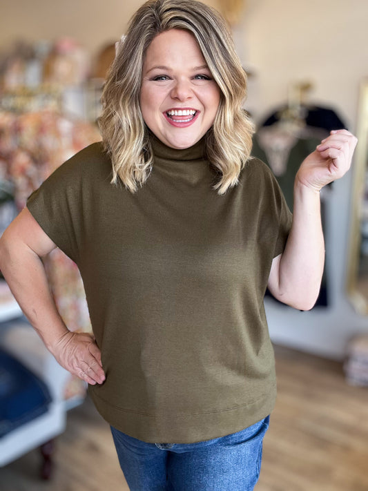 Old Money Vibes Curvy Olive Mock Neck Knit Top