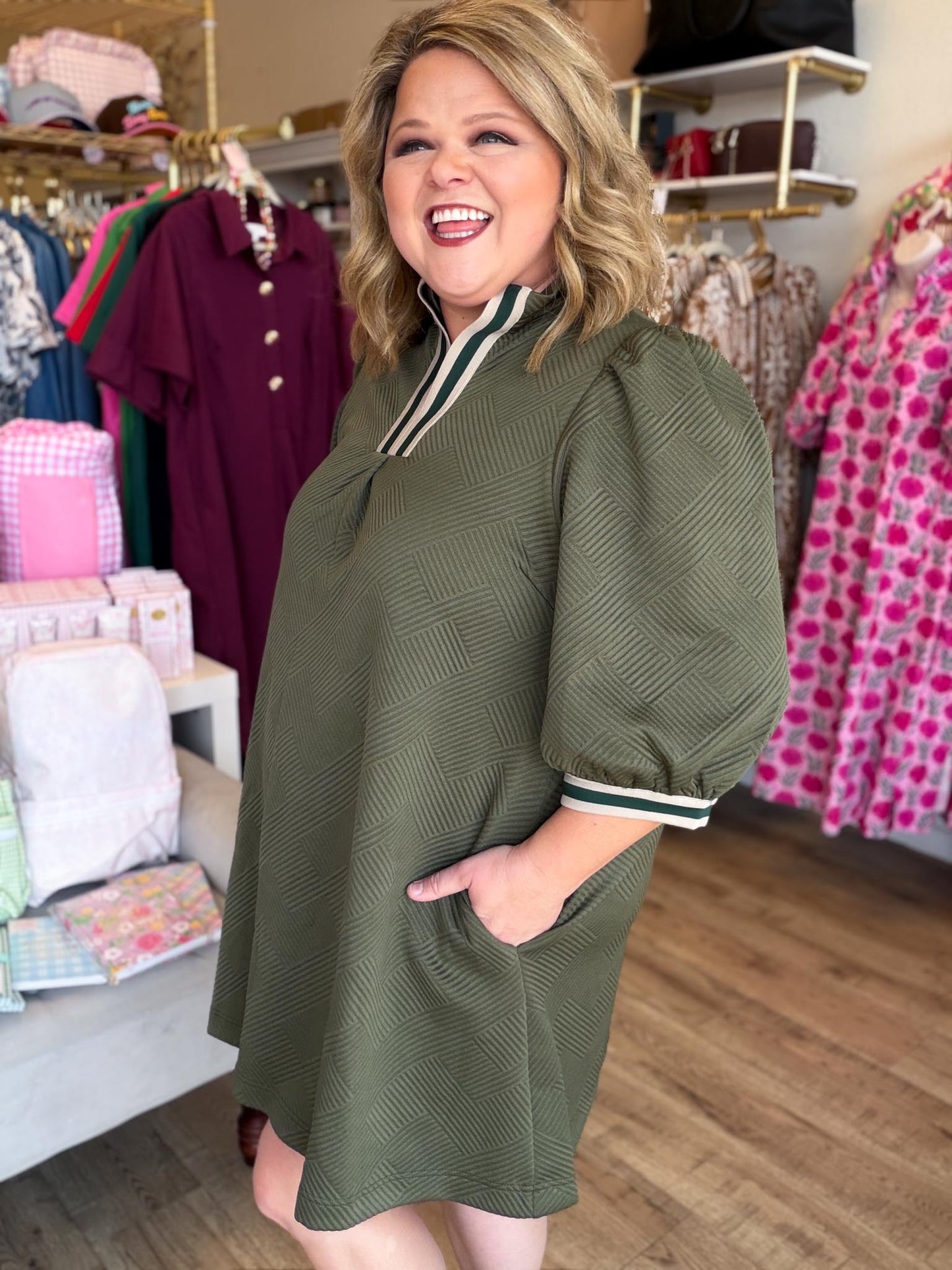 Olive You Always Curvy Contrast Trim Textured Dress