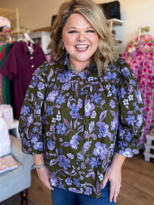 Olive & Lilac Plus-Size Floral Button Down Top