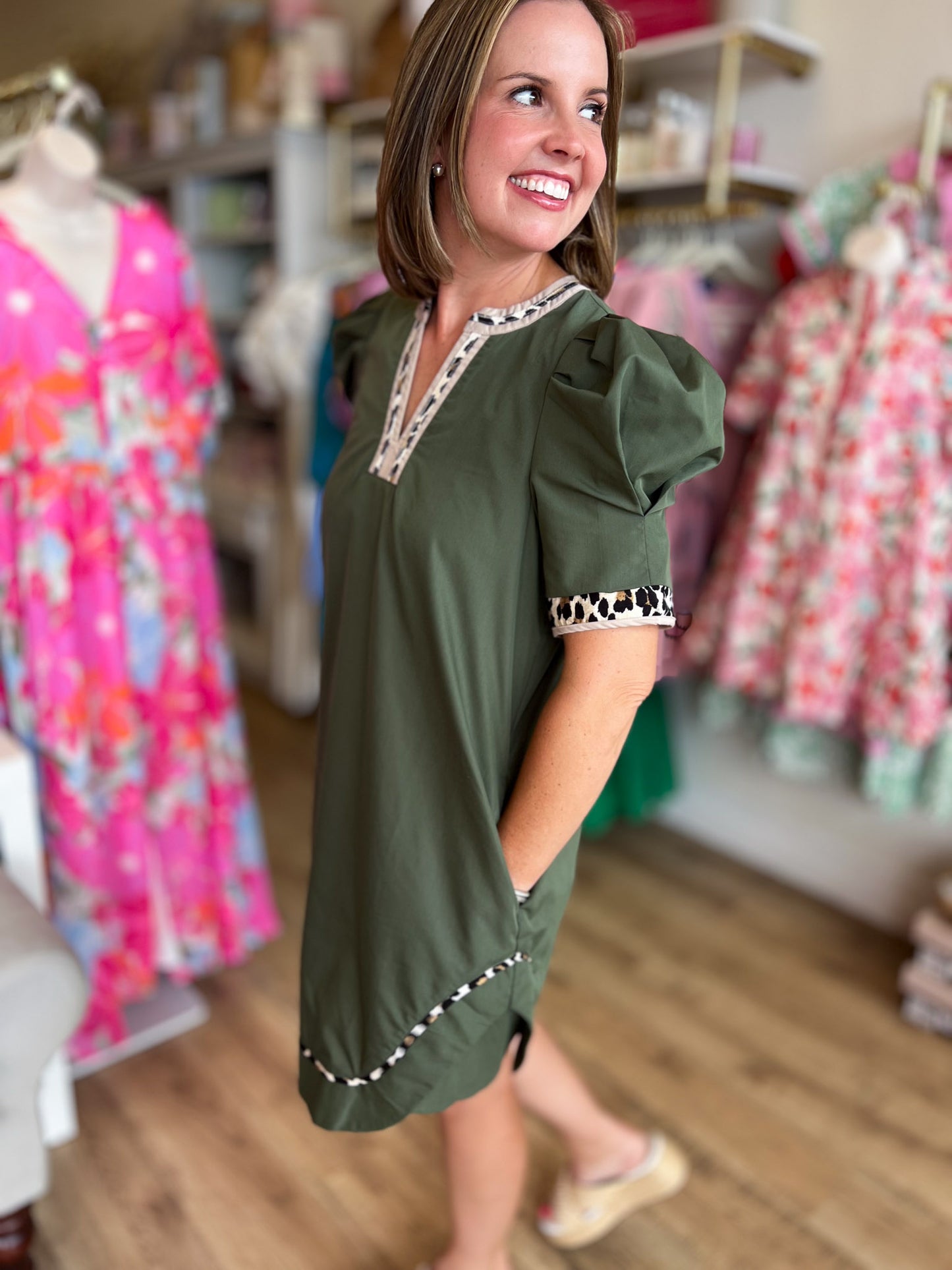 On the Wild Side Curvy Olive Green Leopard Trim Dress