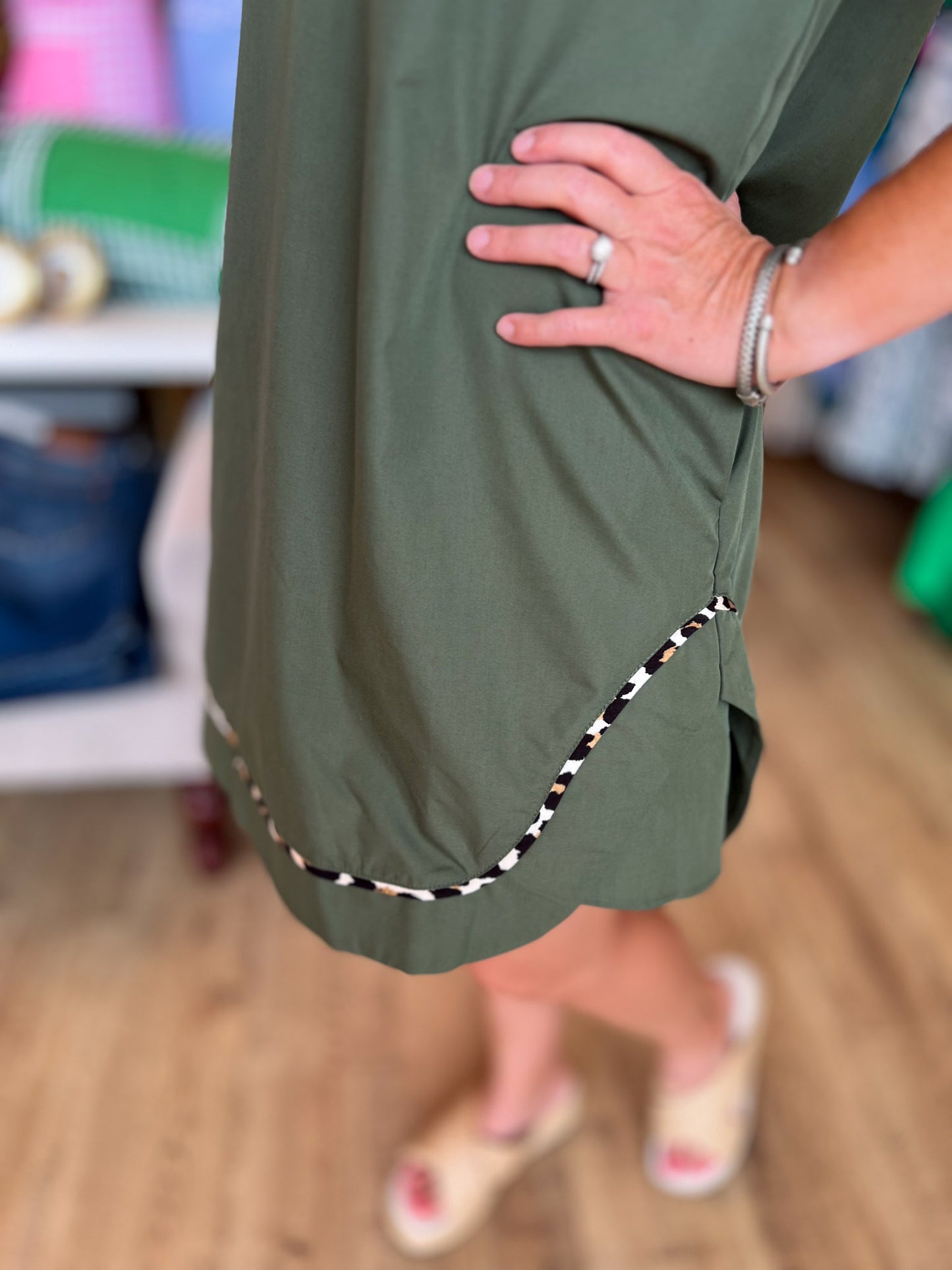 On the Wild Side Curvy Olive Green Leopard Trim Dress