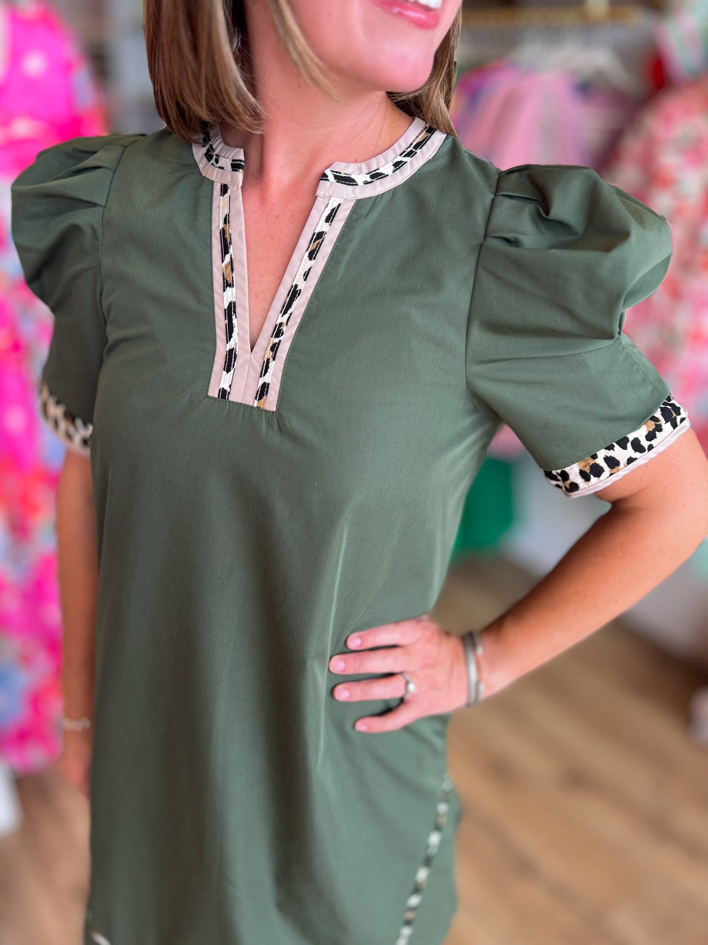 On the Wild Side Curvy Olive Green Leopard Trim Dress