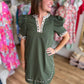On the Wild Side Curvy Olive Green Leopard Trim Dress