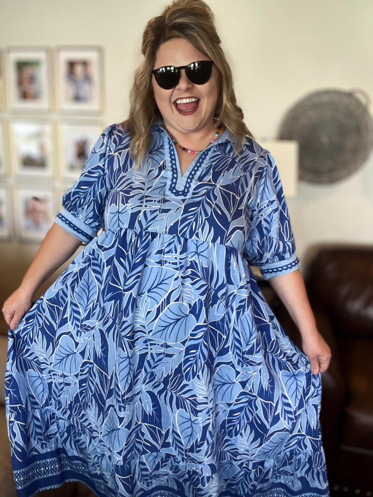 Palm Breeze Curvy Blue Midi Dress