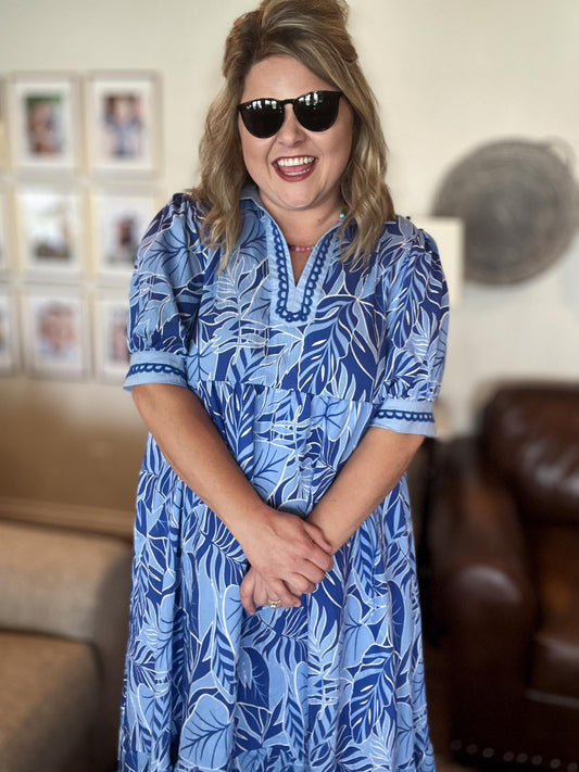 Palm Breeze Curvy Blue Midi Dress