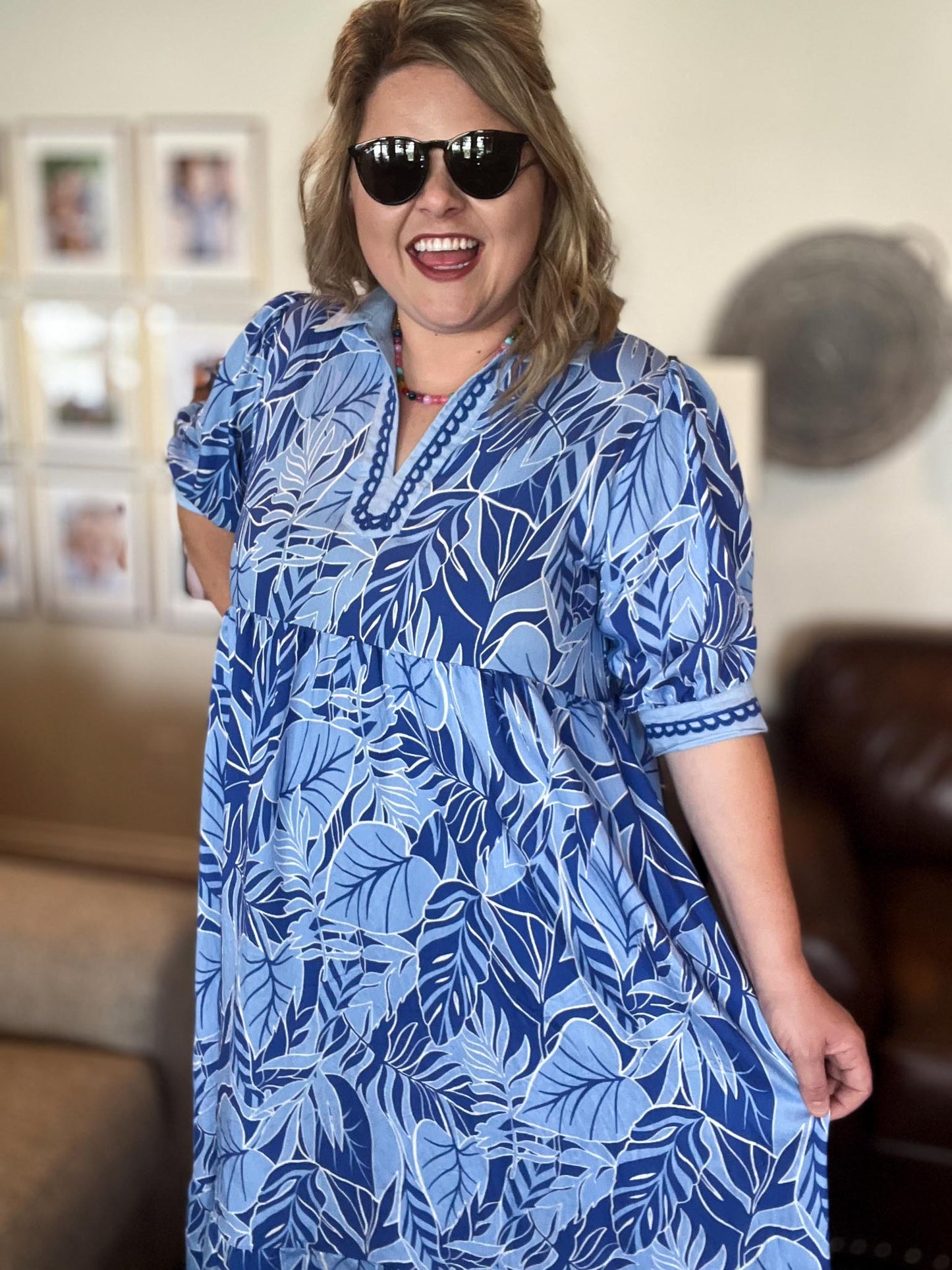 Palm Breeze Curvy Blue Midi Dress