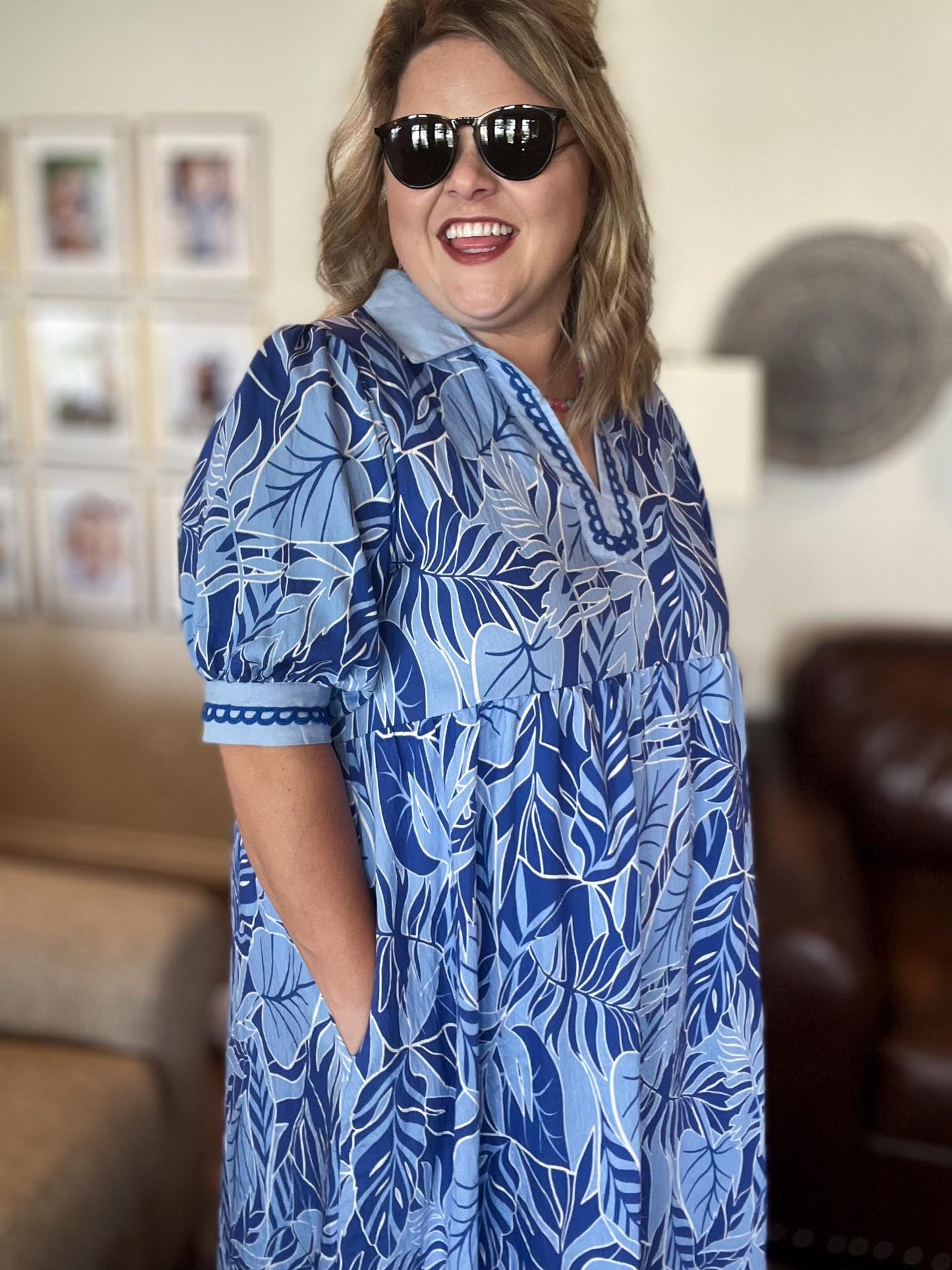 Palm Breeze Curvy Blue Midi Dress