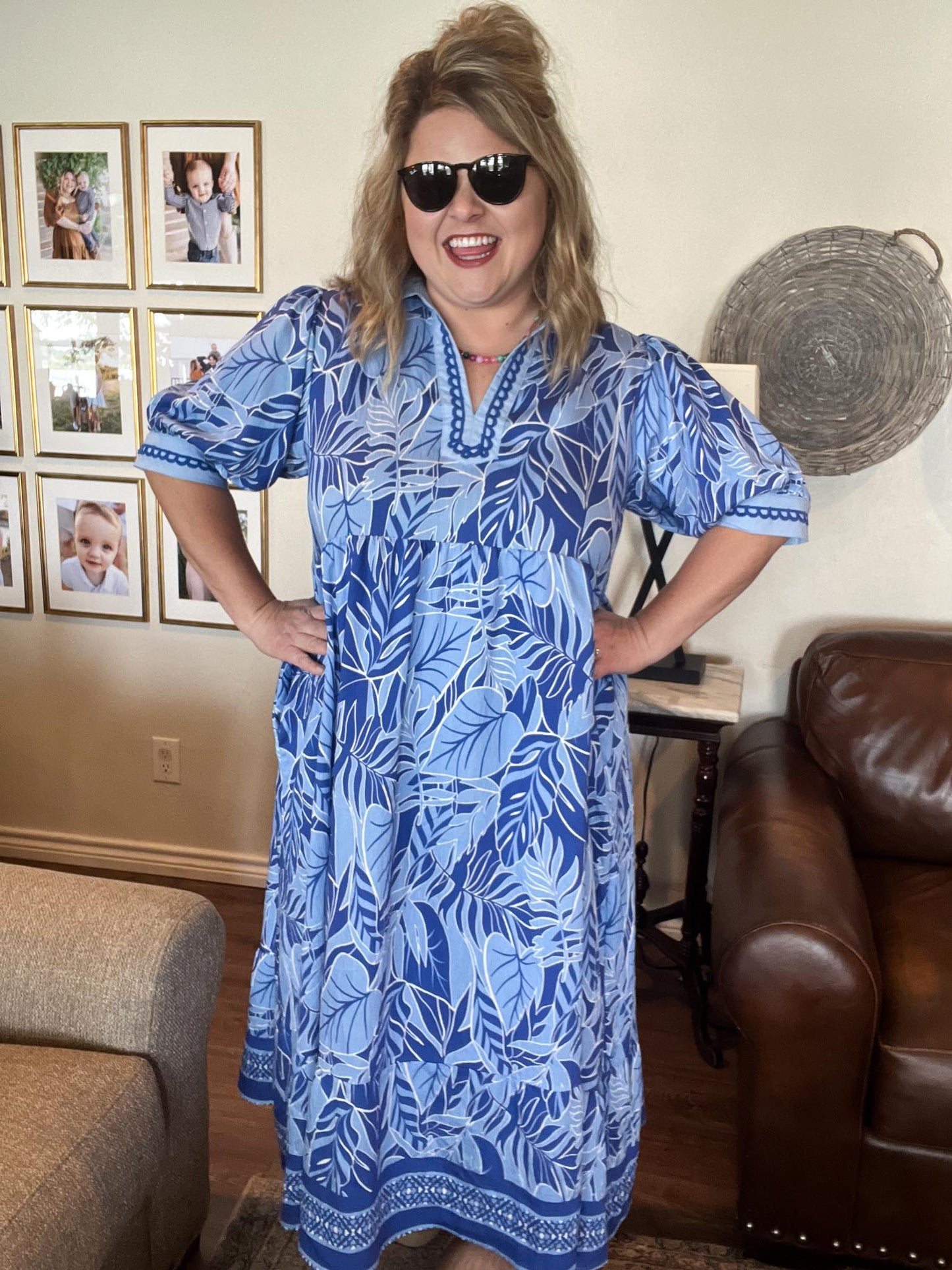 Palm Breeze Curvy Blue Midi Dress