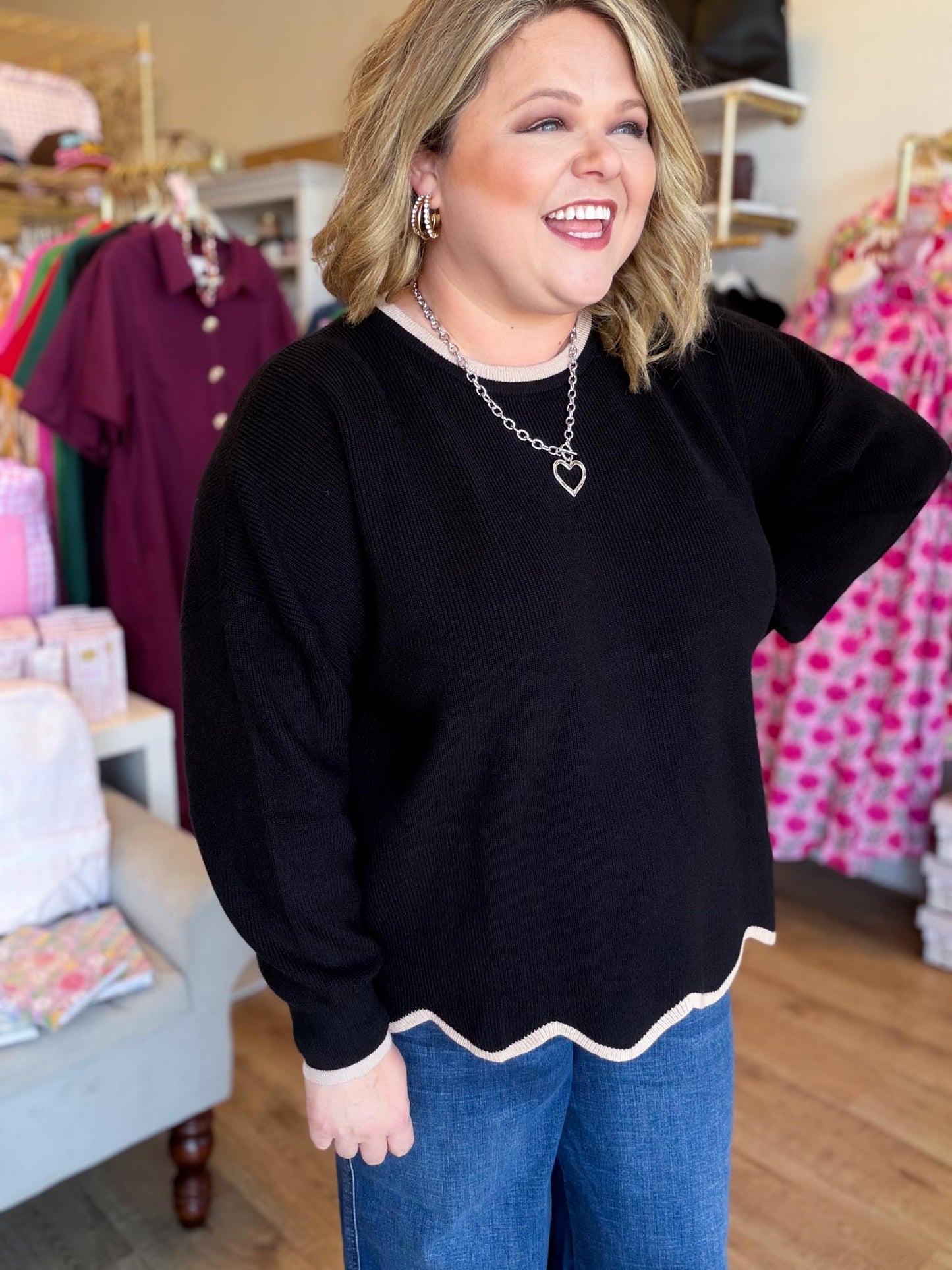 Paris After Dark Curvy Black Long Sleeve Scalloped Top