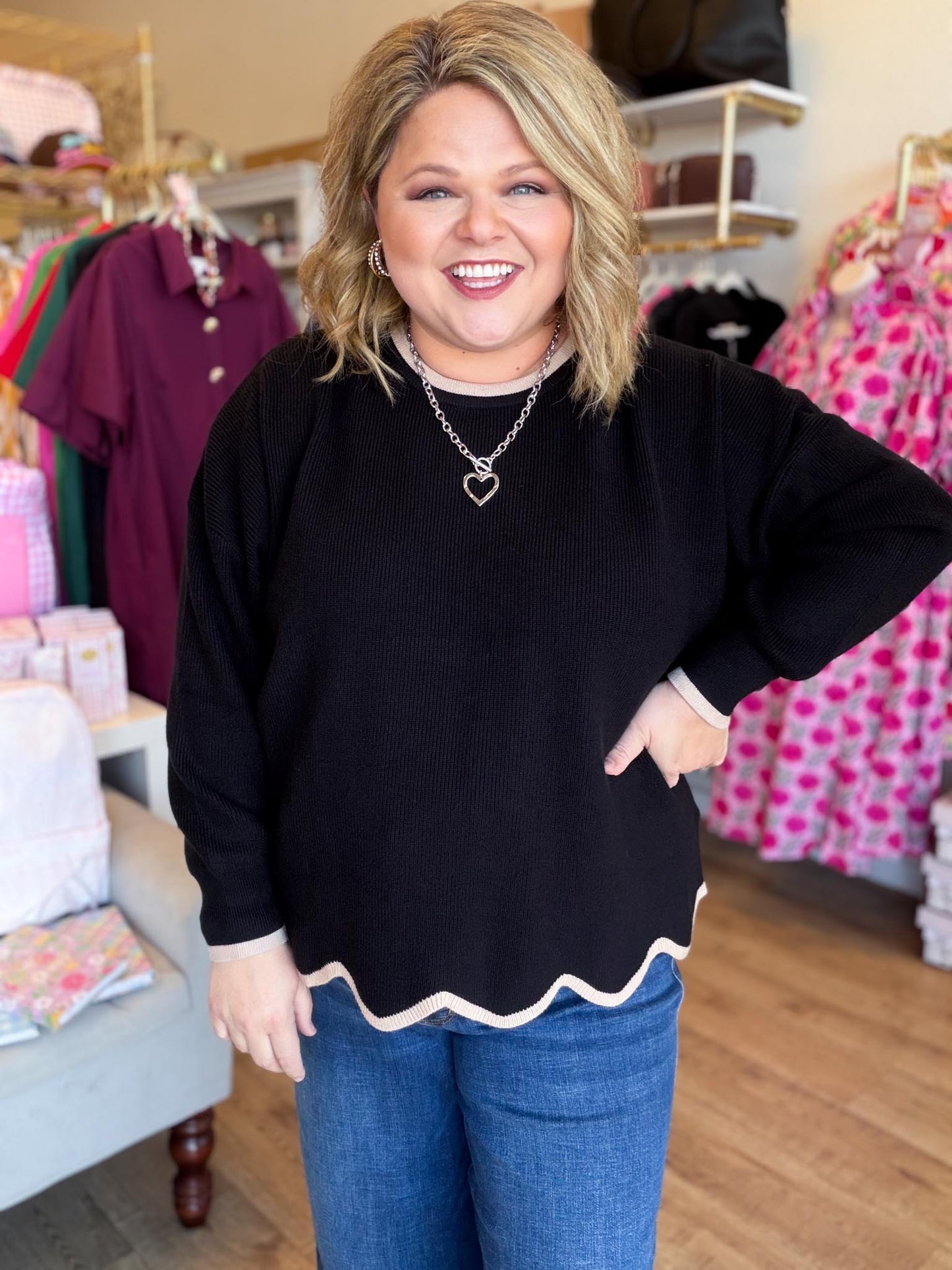 Paris After Dark Curvy Black Long Sleeve Scalloped Top