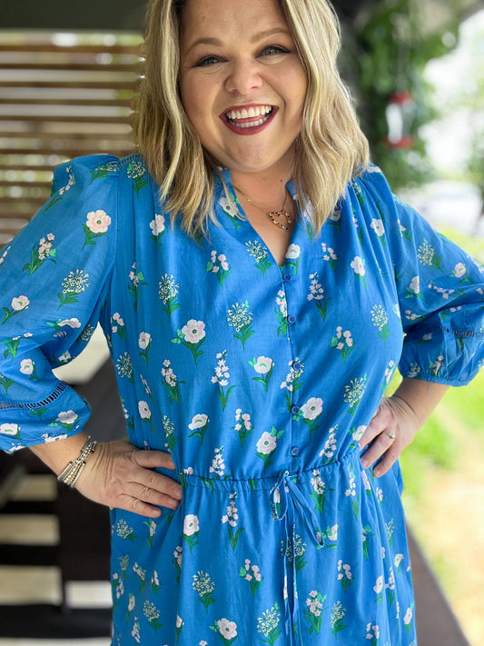 Petal Pop Plus-Size Floral Drawstring Midi Dress